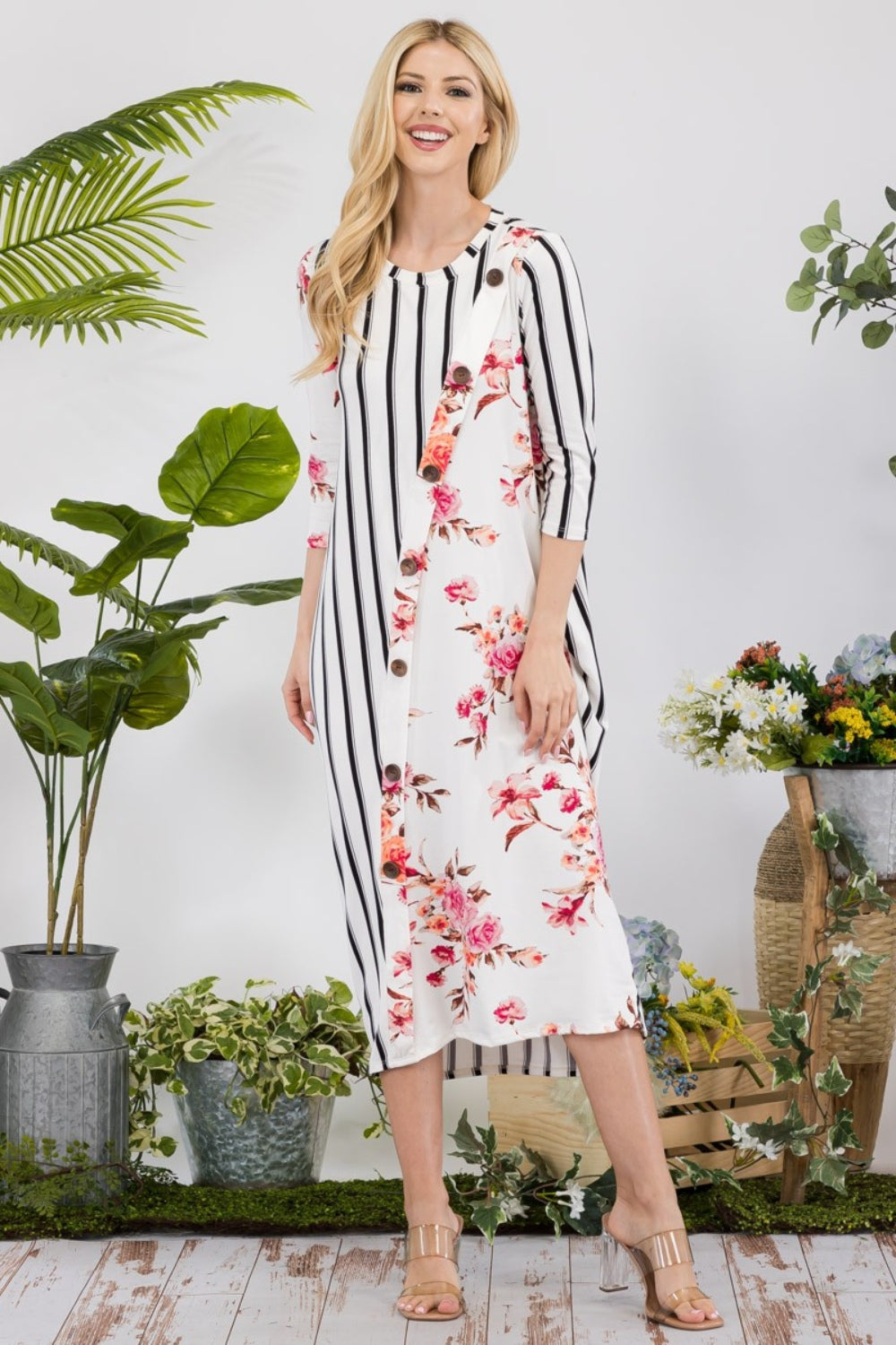 Celeste Full Size Floral Striped Contrast Midi-Dress with Pockets-TOPS / DRESSES-[Adult]-[Female]-2022 Online Blue Zone Planet