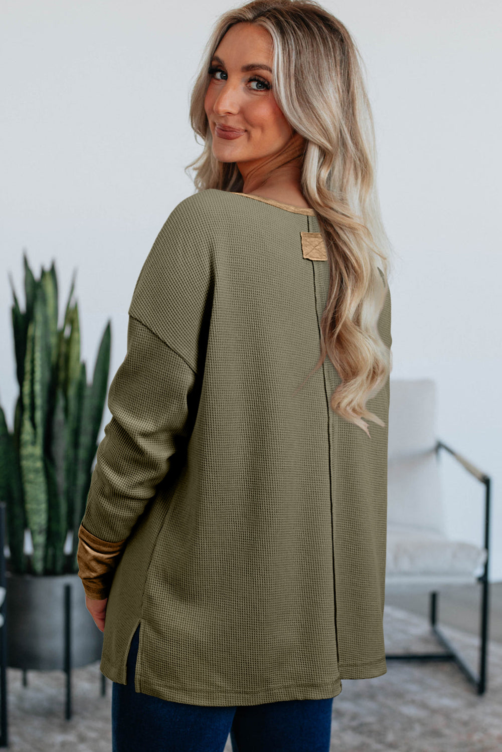 Vineyard Green Color Block Waffle Textured Tunic Henley Top With Slits-Tops/Long Sleeve Tops-[Adult]-[Female]-2022 Online Blue Zone Planet
