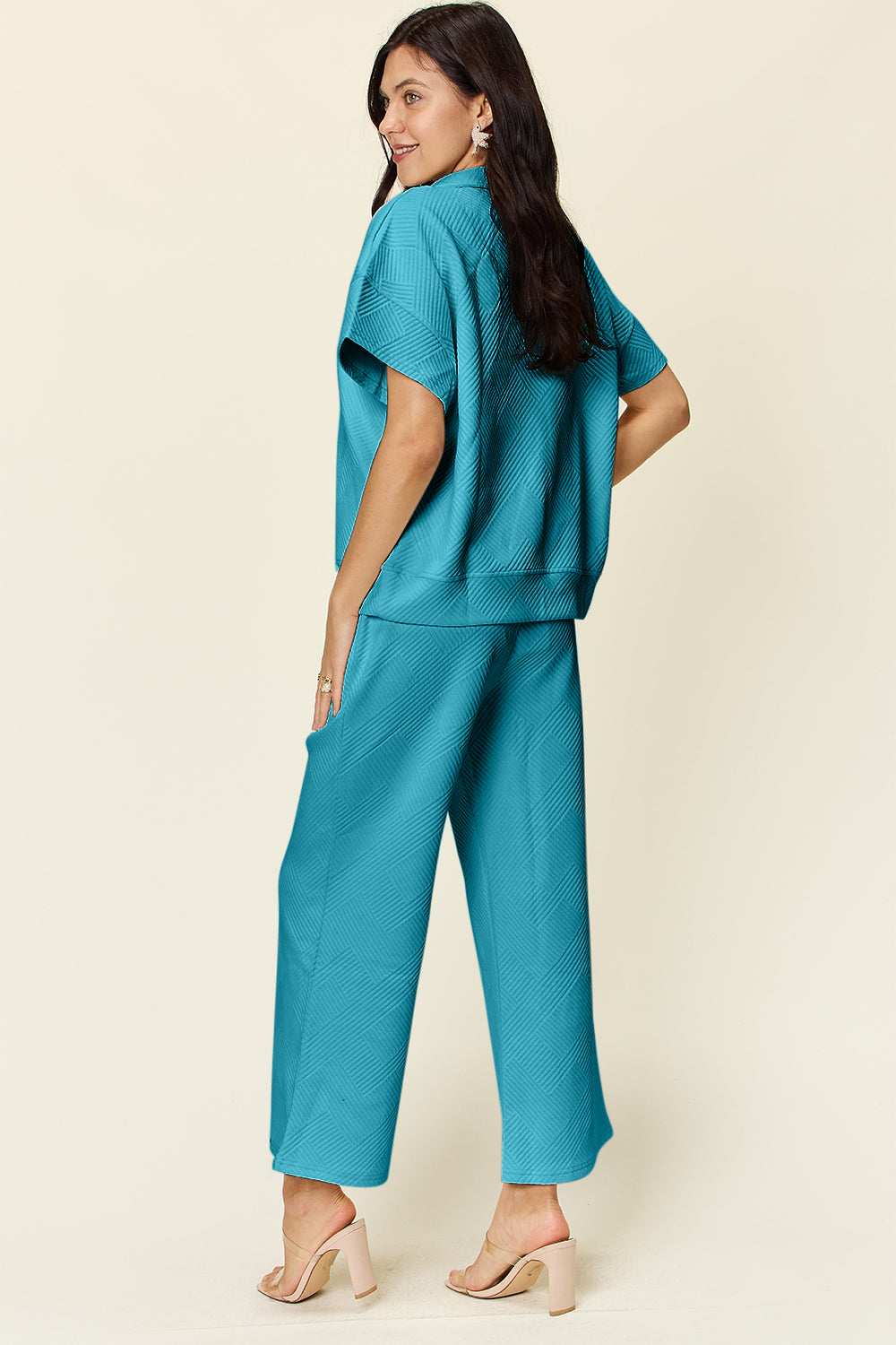 Blue Zone Planet | Double Take Full Size Texture Half Zip Short Sleeve Top and Pants Set-TOPS / DRESSES-[Adult]-[Female]-2022 Online Blue Zone Planet