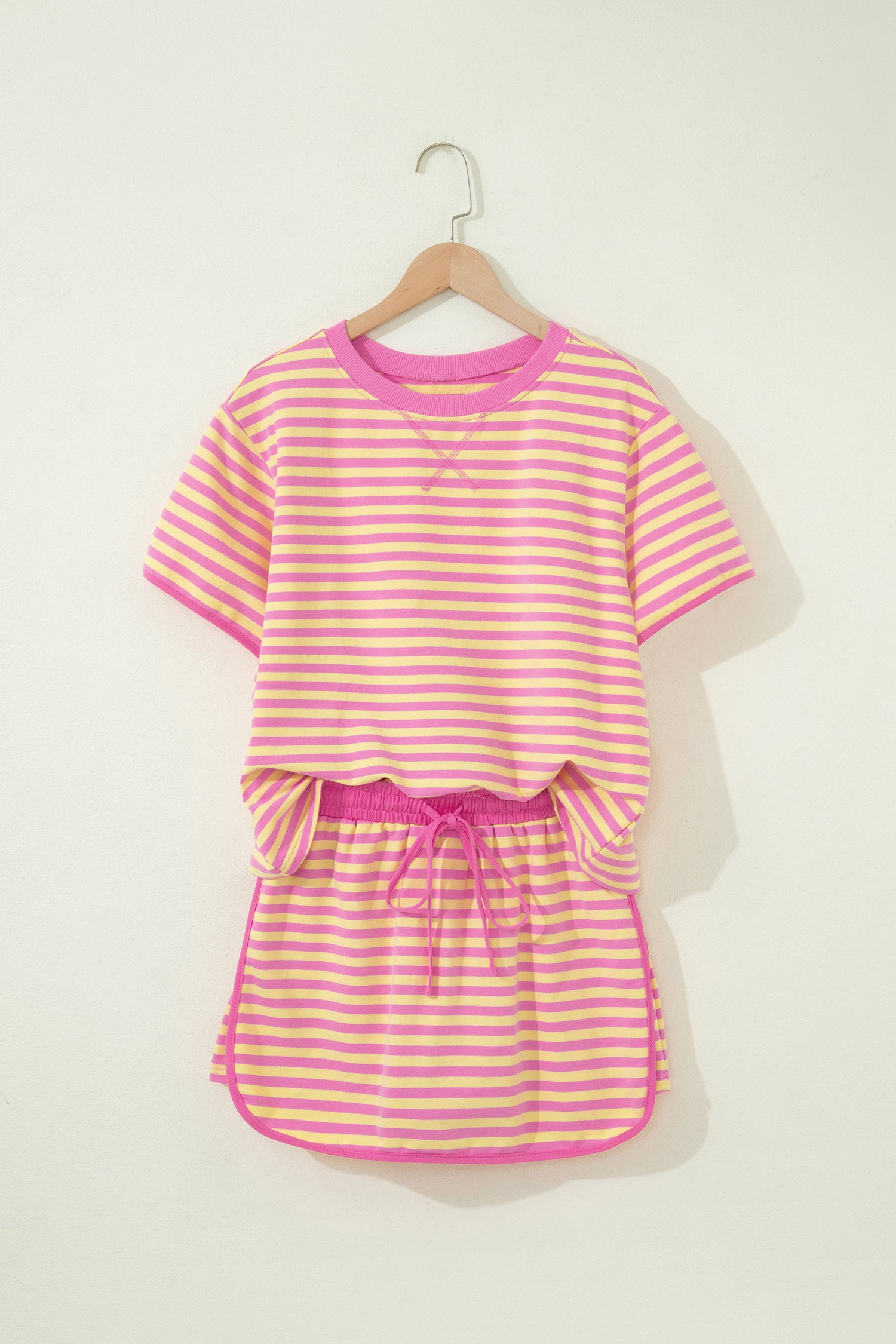 Pink Stripe Loose Short Sleeve Top and Skirt Set-Two Piece Sets/Two Piece Dresses-[Adult]-[Female]-2022 Online Blue Zone Planet