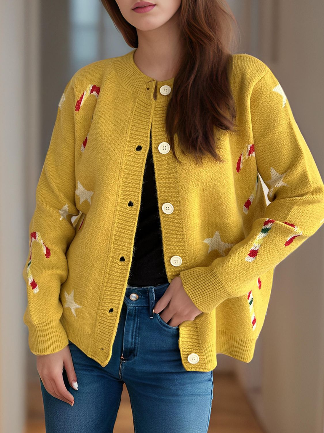 Candy Cane & Star Button Down Long Sleeve Cardigan-TOPS / DRESSES-[Adult]-[Female]-Mustard-One Size-2022 Online Blue Zone Planet