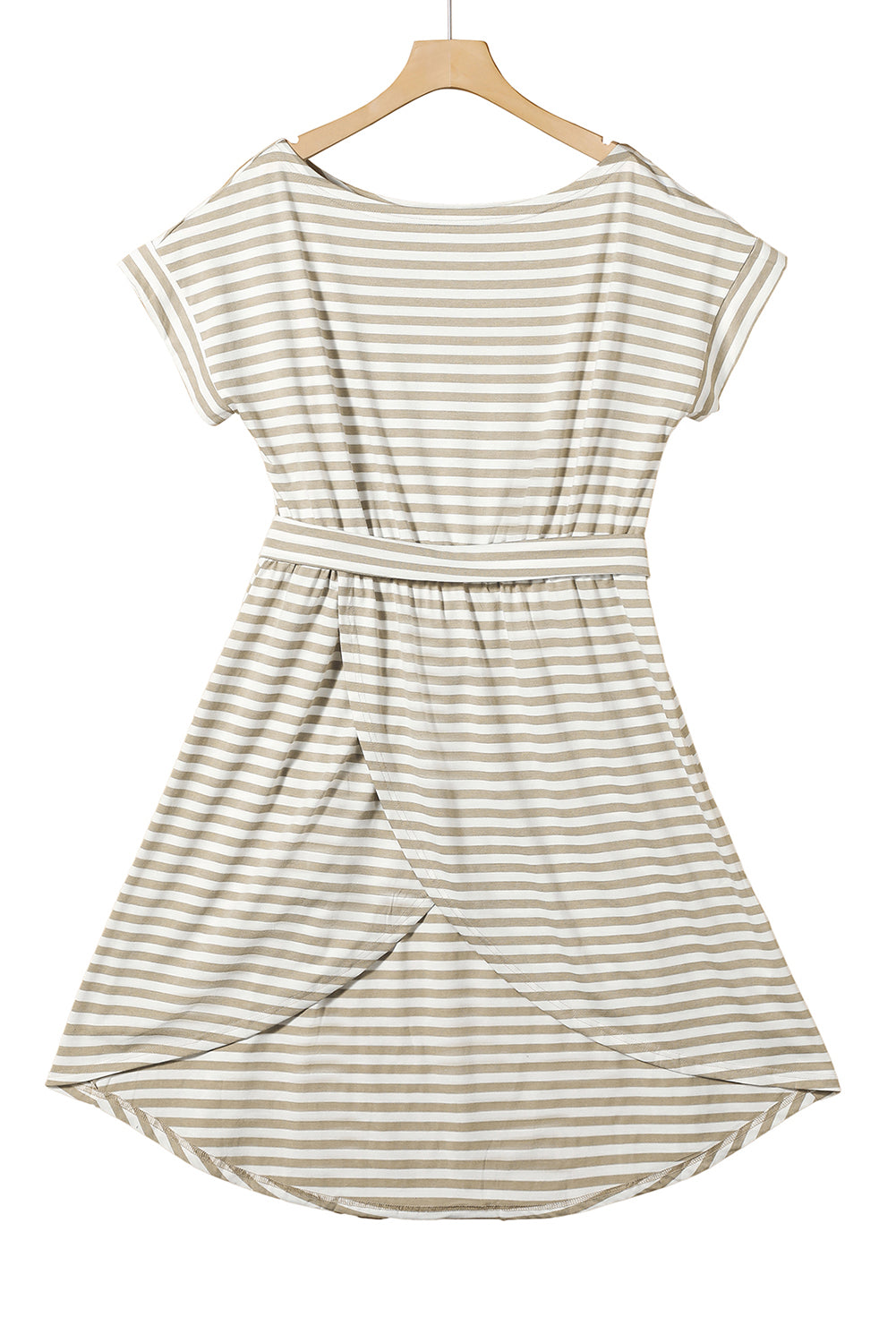 Khaki Stripe Short Sleeve Belted Wrapped Hemline T-Shirt Dress Blue Zone Planet