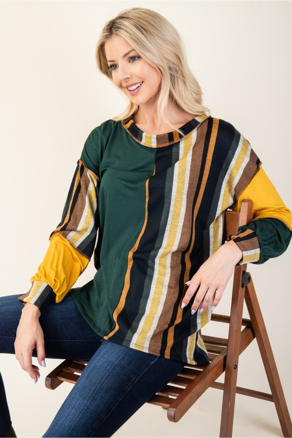 Celeste Full Size Striped Color Block Exposed Seam T-Shirt-TOPS / DRESSES-[Adult]-[Female]-2022 Online Blue Zone Planet