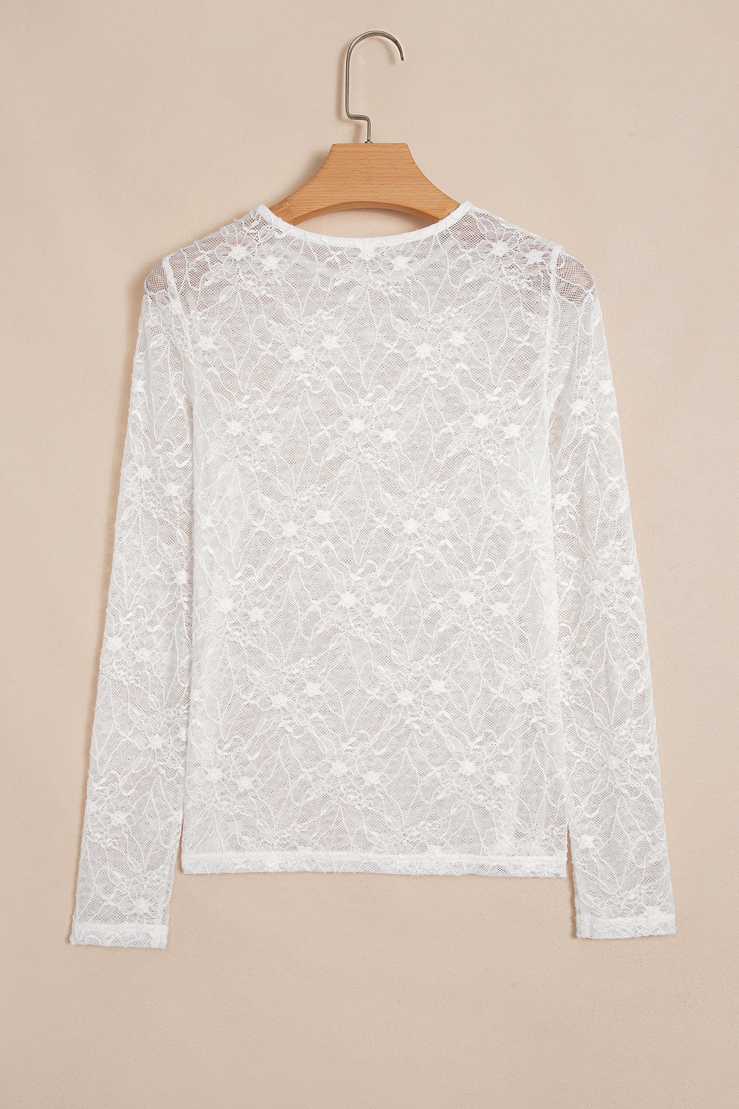Beige Long Sleeve Sheer Mesh Lace Top