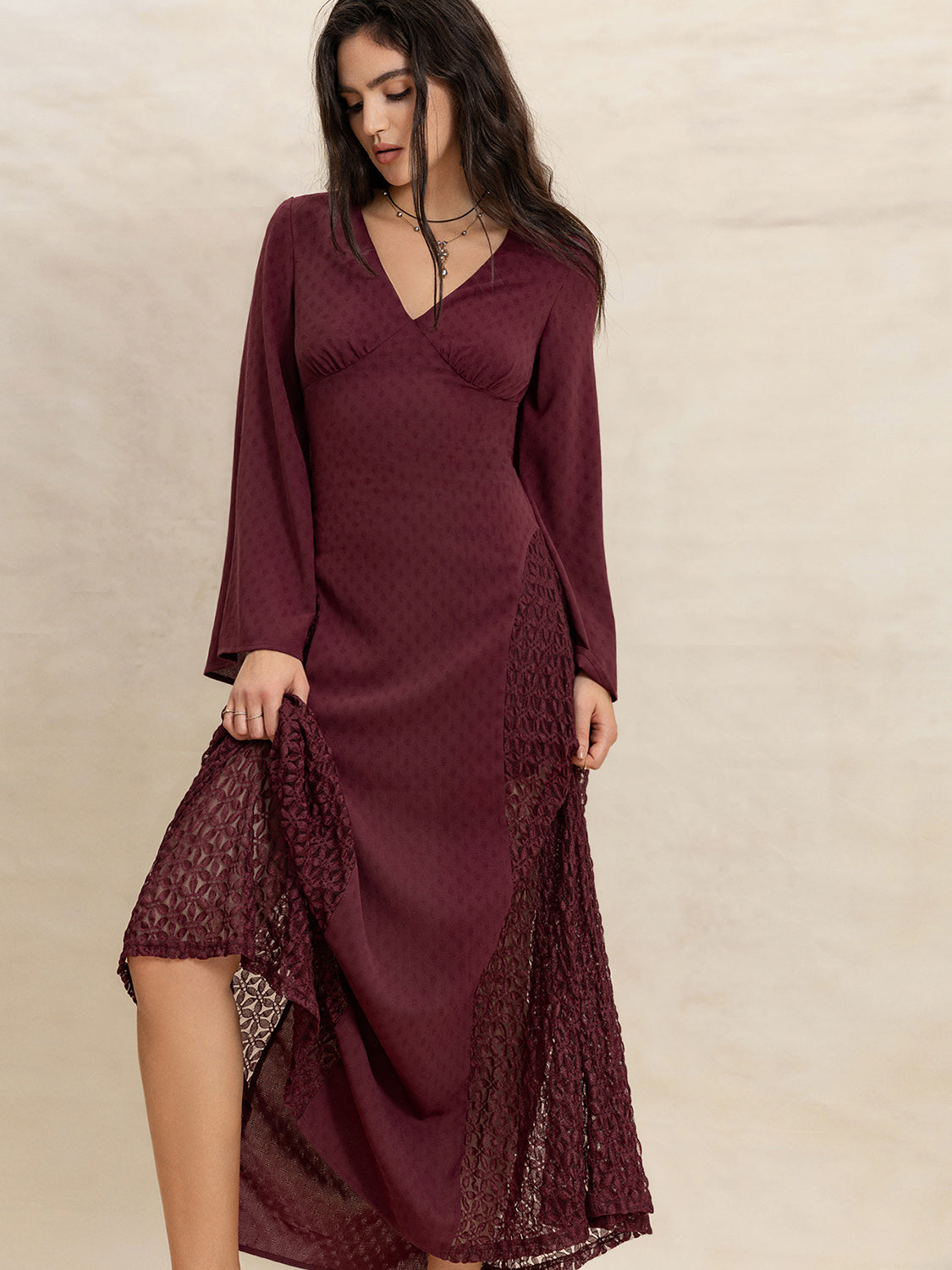 Lace Patchwork V-Neck Long Sleeve Midi Dress-TOPS / DRESSES-[Adult]-[Female]-2022 Online Blue Zone Planet