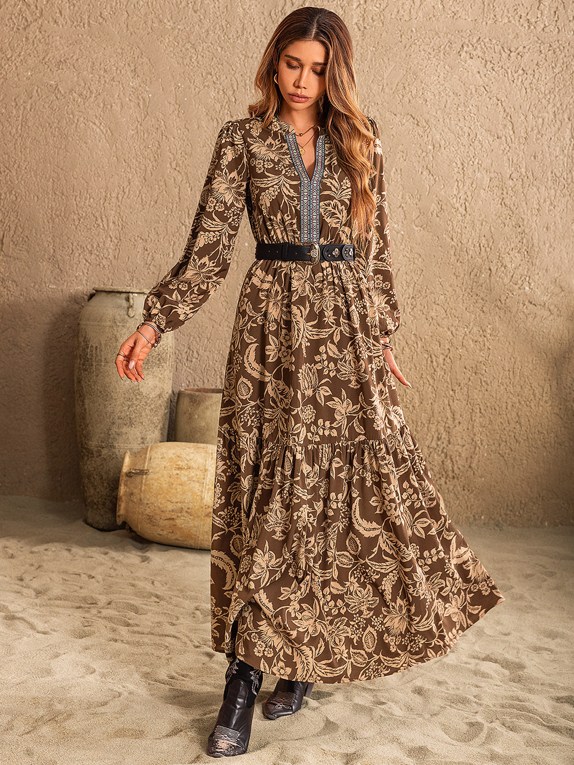 Ruched Printed Notched Long Sleeve Maxi Dress-TOPS / DRESSES-[Adult]-[Female]-2022 Online Blue Zone Planet