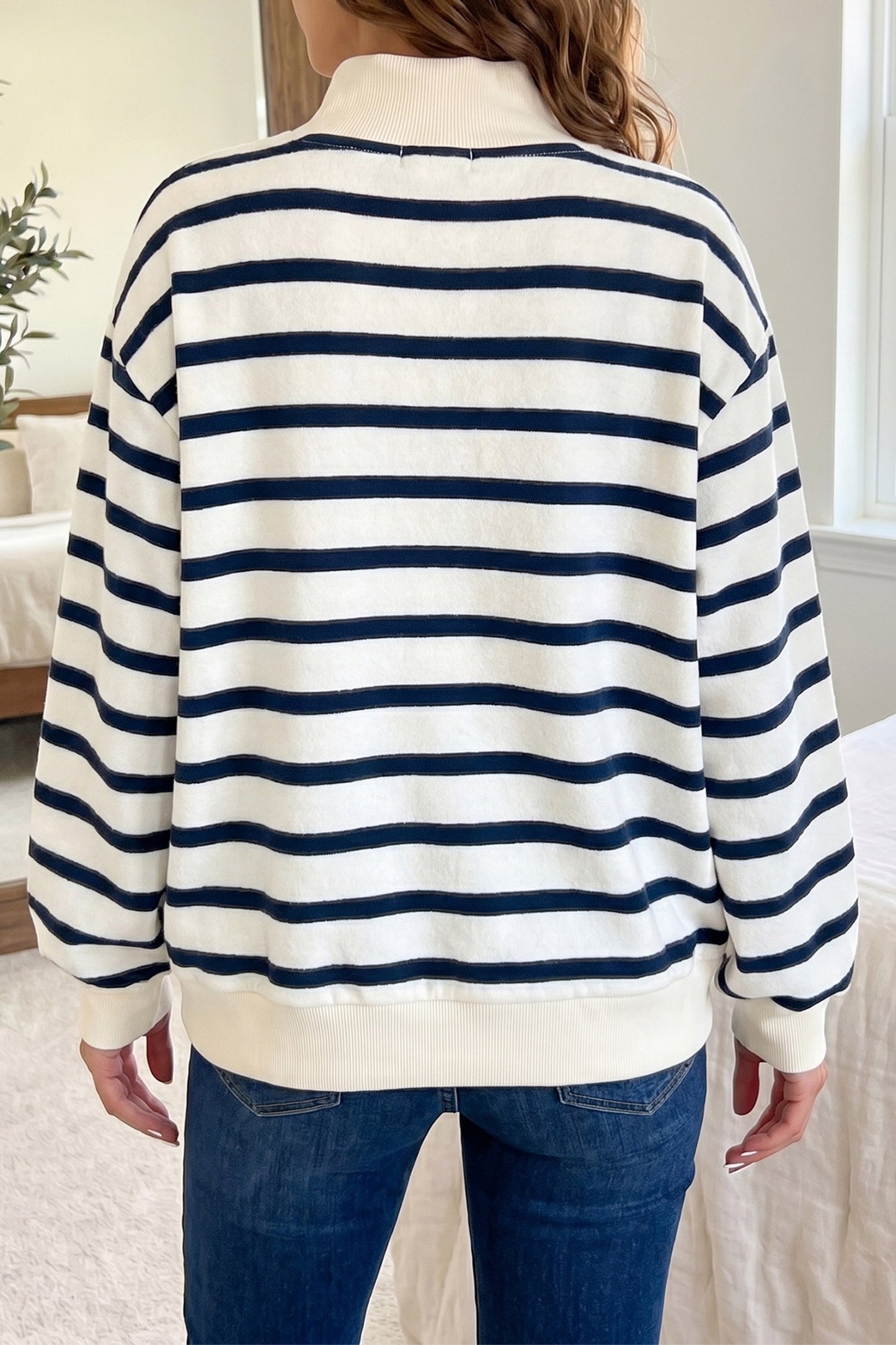 Blue Stripe Sequin Rugby Print Mock Neck Casual Sweatshirt-Graphic/Graphic Sweatshirts-[Adult]-[Female]-2022 Online Blue Zone Planet