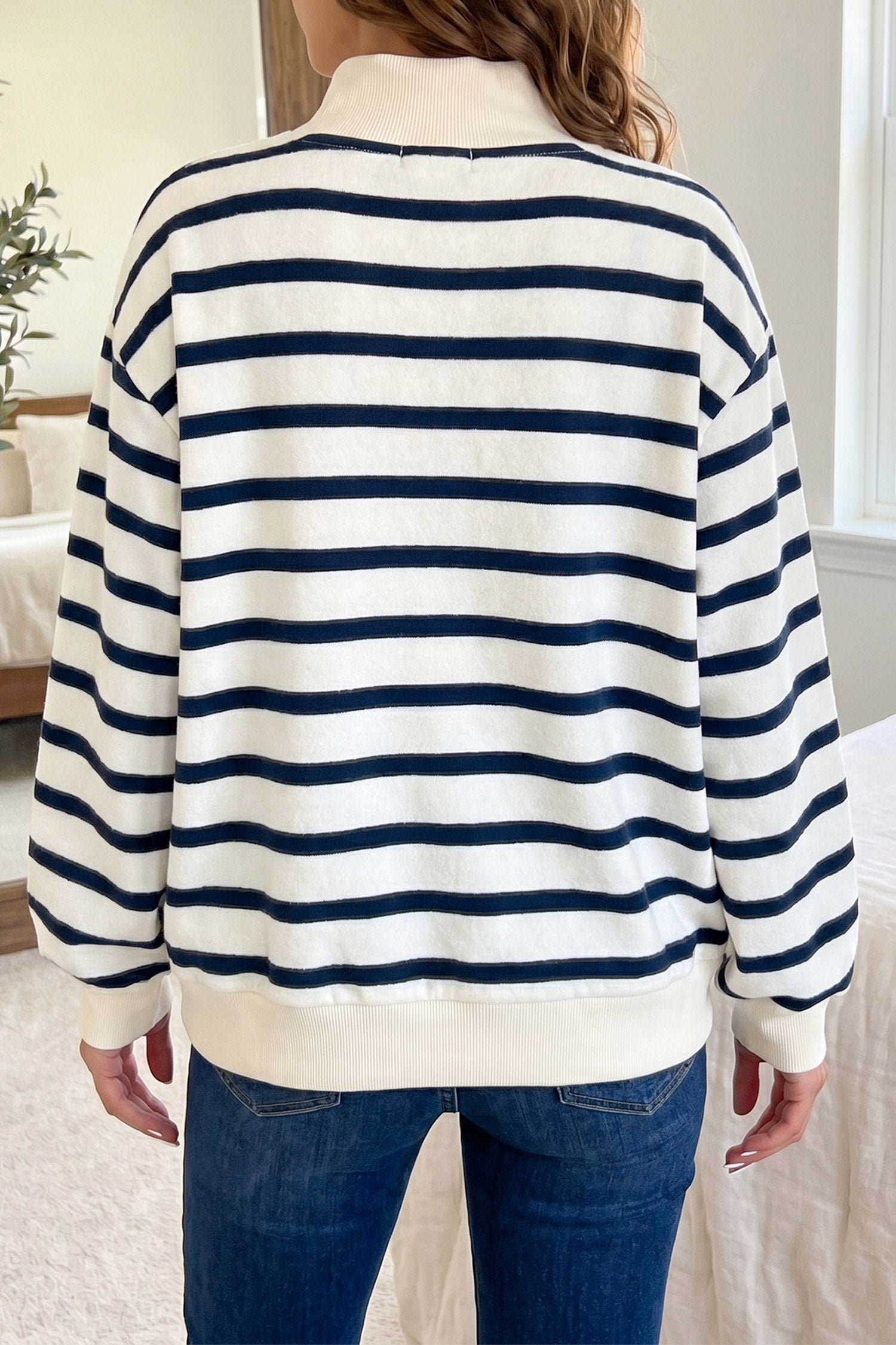 Blue Stripe Sequin Rugby Print Mock Neck Casual Sweatshirt-Graphic/Graphic Sweatshirts-[Adult]-[Female]-2022 Online Blue Zone Planet
