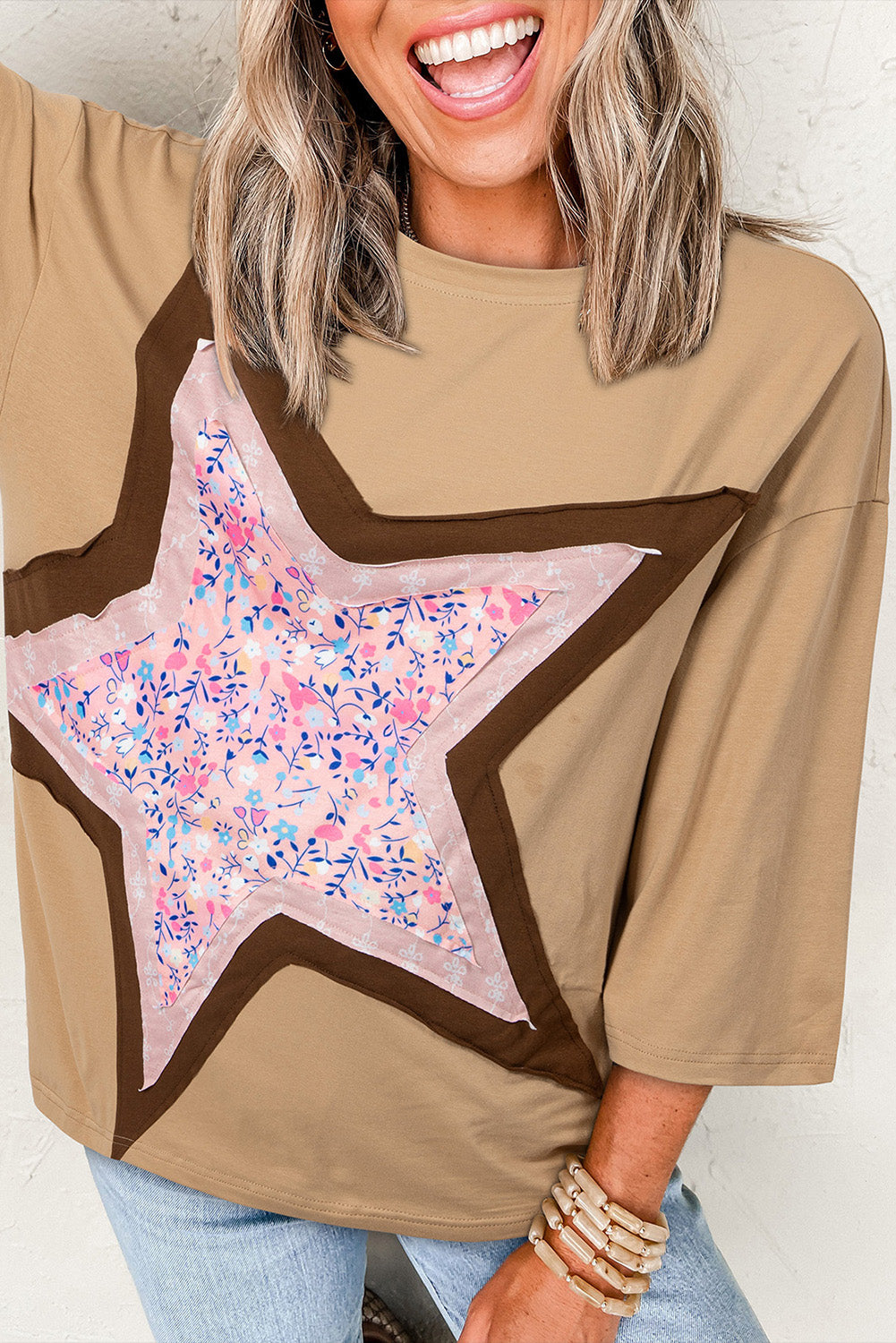 Blue Zone Planet | Camel Floral Star Patchwork 3/4 Long Sleeve Top-Tops/Long Sleeve Tops-[Adult]-[Female]-Camel-S-2022 Online Blue Zone Planet