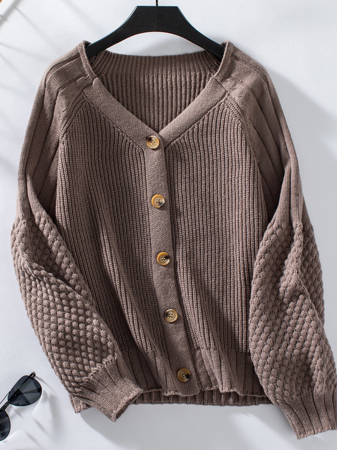 V-Neck Button Up Raglan Sleeve Cardigan-TOPS / DRESSES-[Adult]-[Female]-Coffee Brown-S-2022 Online Blue Zone Planet