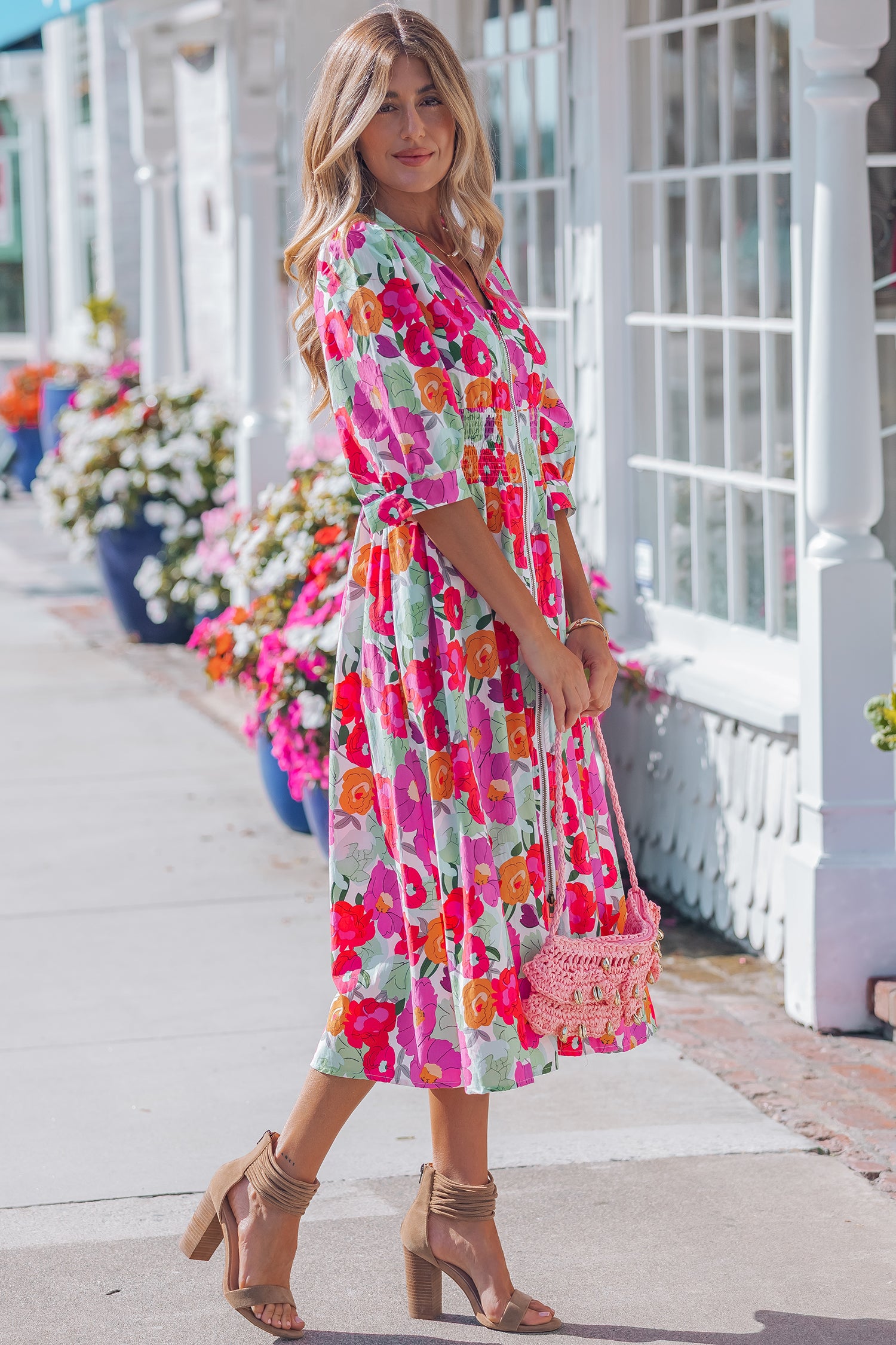 Rose Vibrant Floral Print V Neck Zip Up Puffy Half Sleeve Dress-Dresses/Floral Dresses-[Adult]-[Female]-2022 Online Blue Zone Planet