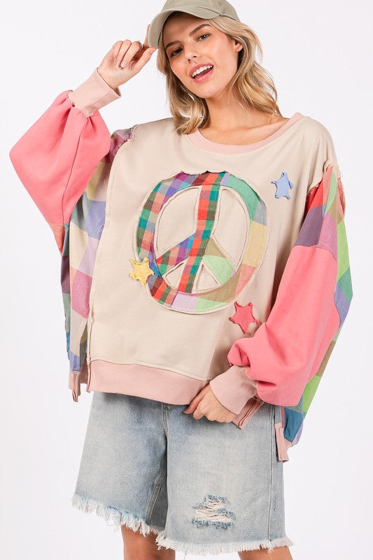 SAGE + FIG Full Size Contrast Peace Patch Dropped Shoulder Sweatshirt-TOPS / DRESSES-[Adult]-[Female]-Coral Multicolor-S-2022 Online Blue Zone Planet