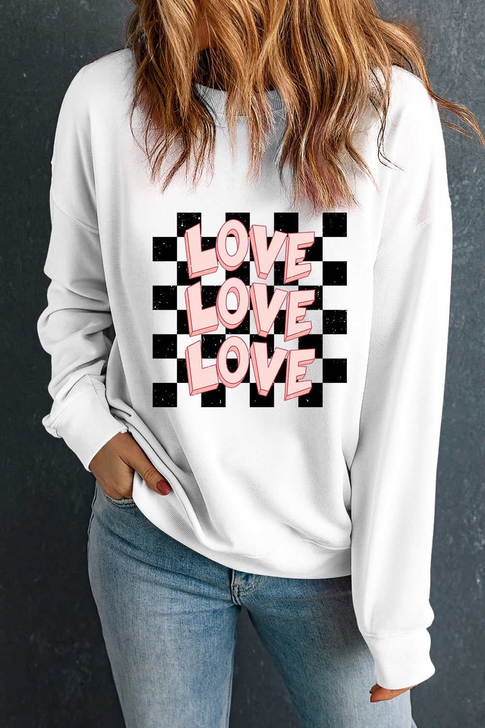 White Checkerboard LOVE Print Graphic Valentines Sweatshirt-Graphic Sweatshirts-[Adult]-[Female]-2022 Online Blue Zone Planet