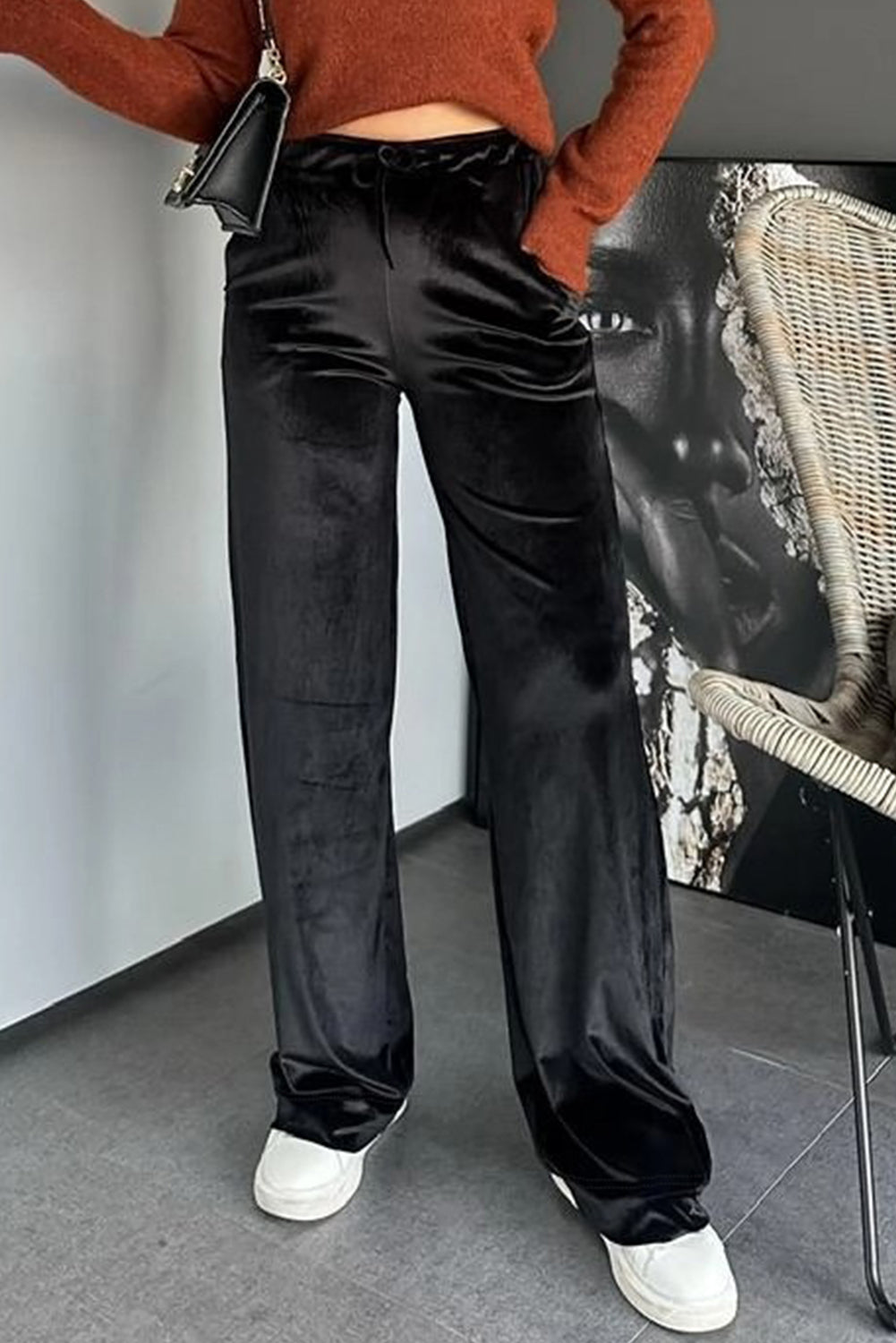 Black Shiny Velvet Drawstring High Waist Straight Leg Casual Pants-Bottoms/Pants & Culotte-[Adult]-[Female]-2022 Online Blue Zone Planet