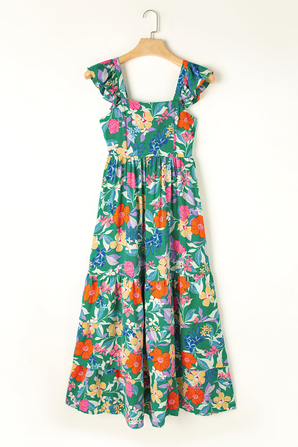 Blue Zone Planet |  Green Floral Print Sleeveless Ruffle Tiered Maxi Dress Blue Zone Planet