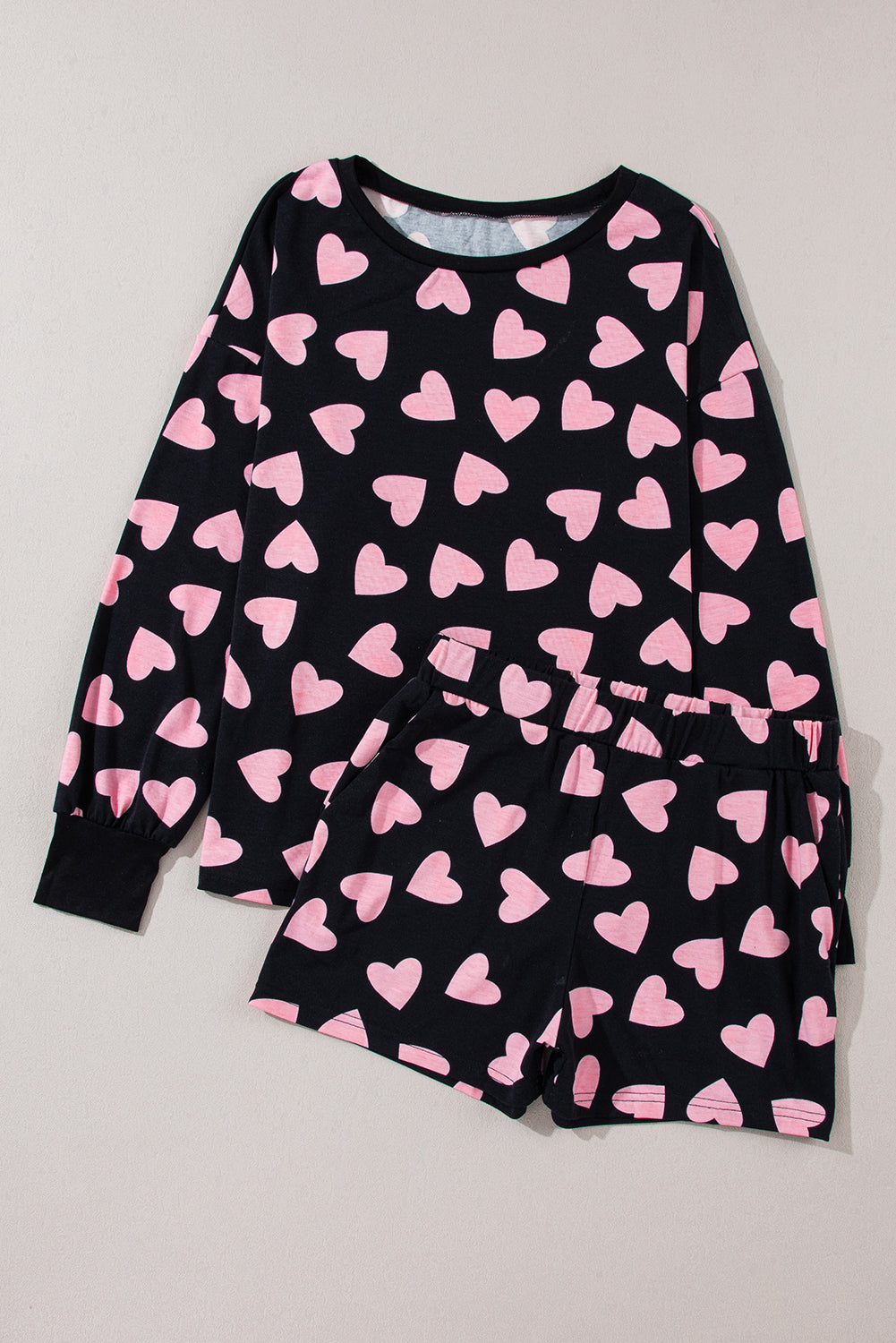 Black Valentine Heart Shape Print Long Sleeve Top Shorts Lounge Set-Sale (50% OFF)/30% OFF-[Adult]-[Female]-2022 Online Blue Zone Planet