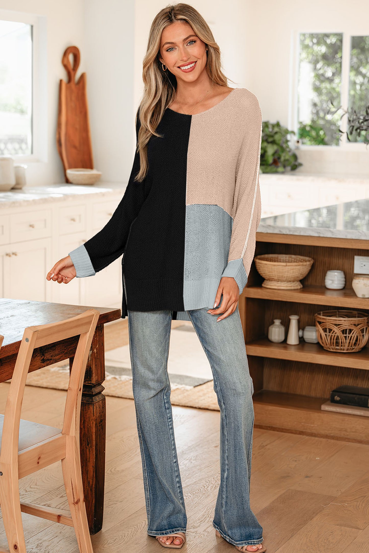 Black Color Block Knit V Neck Loose Sweater-TOPS / DRESSES-[Adult]-[Female]-2022 Online Blue Zone Planet
