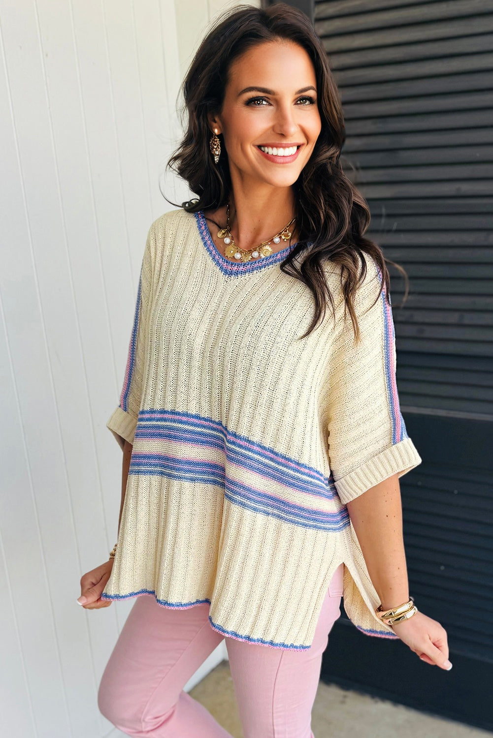 White Striped V Neck Dolman Sleeve Rib Knit Oversized Sweater with Slits-TOPS / DRESSES-[Adult]-[Female]-2022 Online Blue Zone Planet
