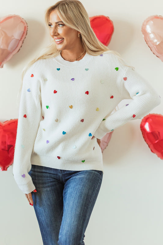 Blue Zone Planet | Beige Sequin Heart Shape Waffle Knit Round Neck Sweater-Sweaters & Cardigans/Sweaters-[Adult]-[Female]-Beige-S-2022 Online Blue Zone Planet