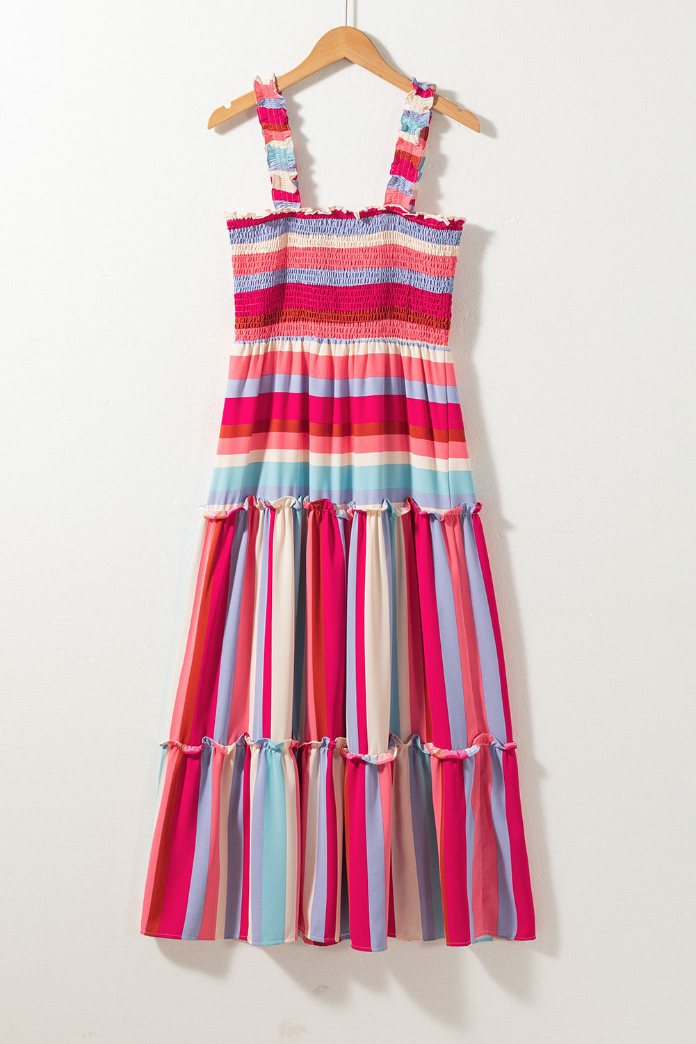 Red Stripe Ruffled Straps Smocked Tiered Long Dress-TOPS / DRESSES-[Adult]-[Female]-2022 Online Blue Zone Planet