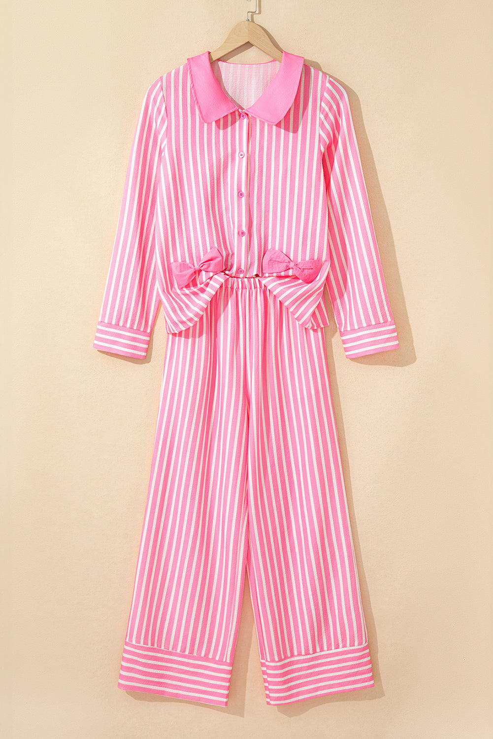 Pink Stripe Buttoned Front Long Sleeve Top and Pants 2 Piece Sleepwear-Loungewear & Sleepwear/Sleepwear-[Adult]-[Female]-2022 Online Blue Zone Planet