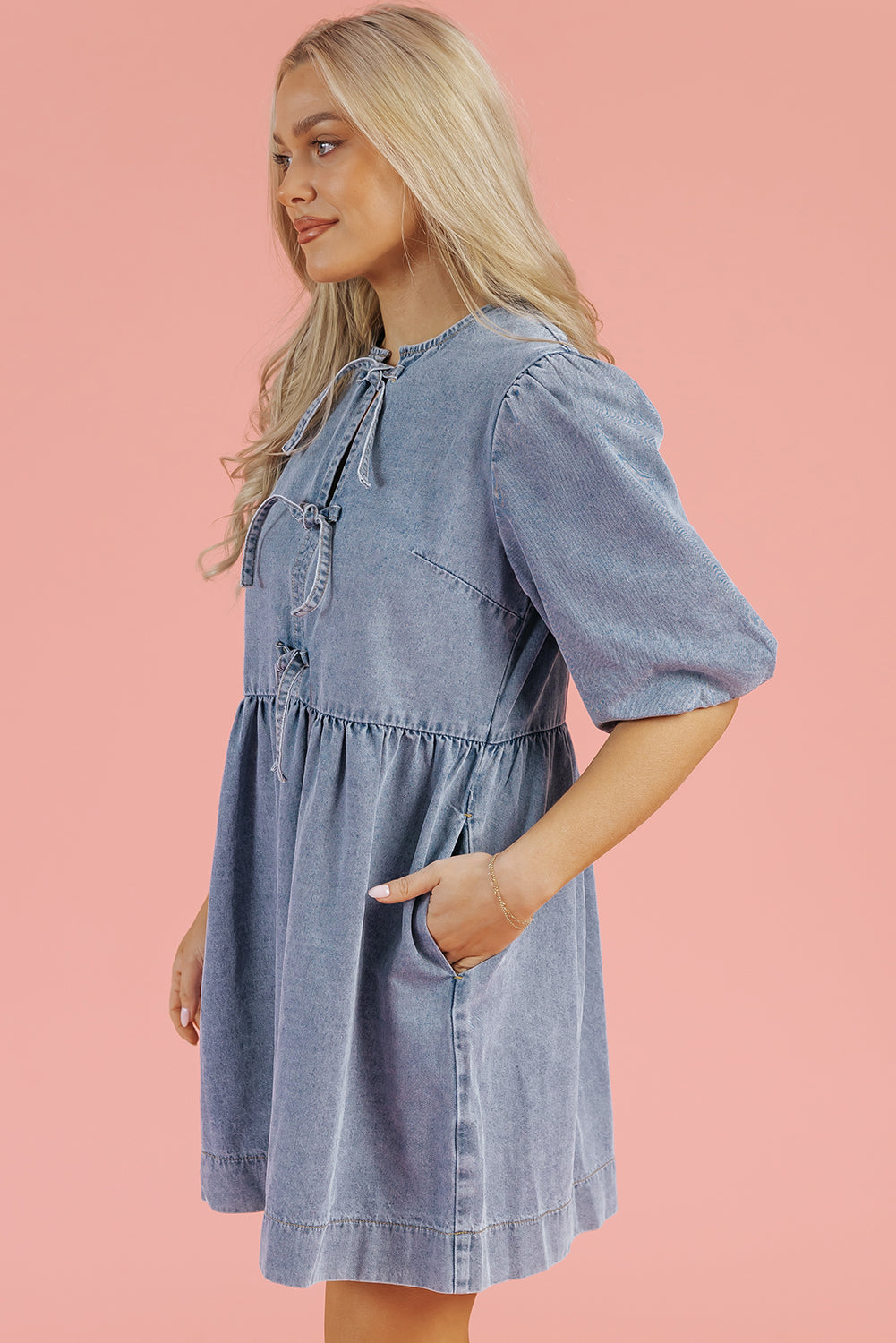 Dusk Blue Bowknot Bubble Sleeve Short Denim Dress-TOPS / DRESSES-[Adult]-[Female]-2022 Online Blue Zone Planet