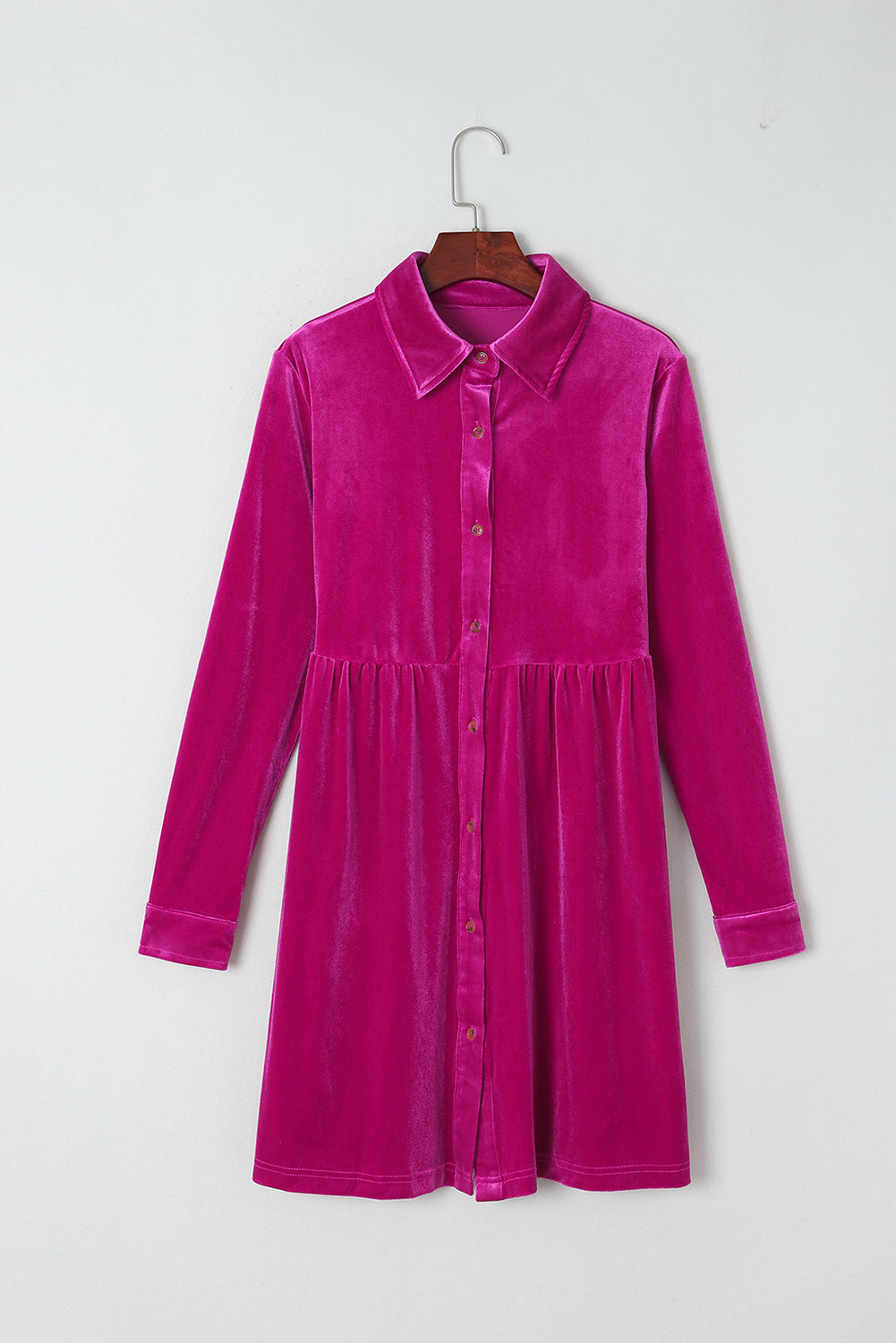 Rose Long Sleeve Ruffle Velvet Button Up Dress-Dresses/Mini Dresses-[Adult]-[Female]-2022 Online Blue Zone Planet