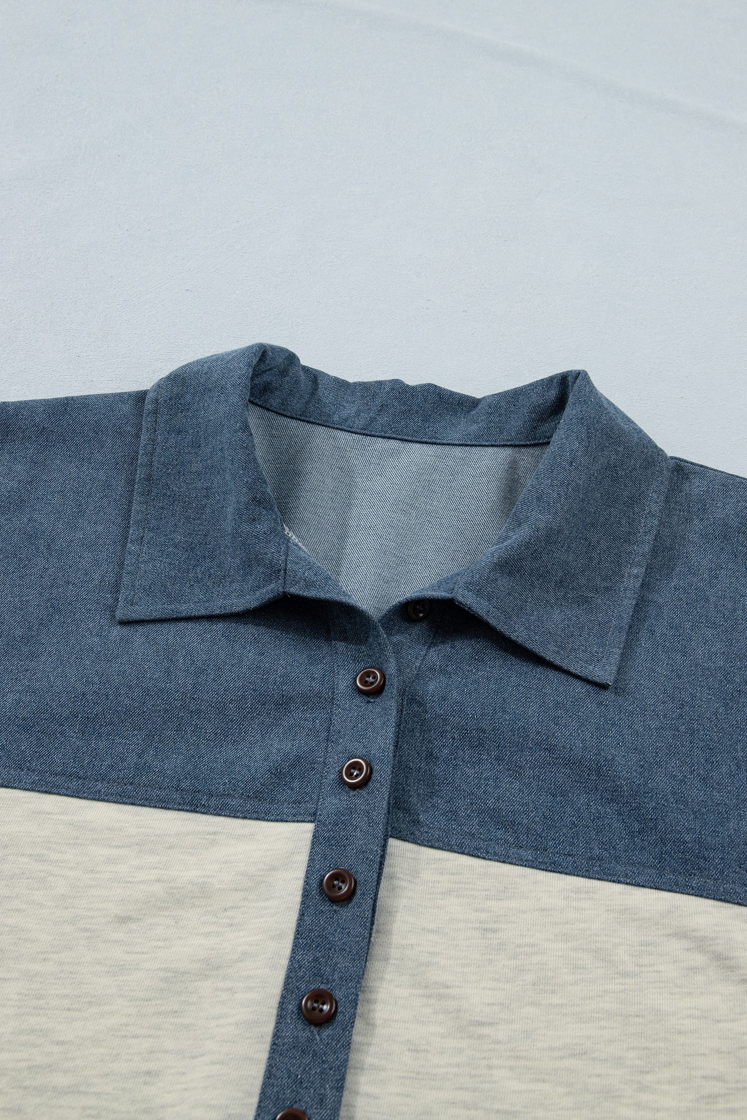 Light Grey Half Buttons Collared Denim Patchwork Plus Short Sleeve Top-Plus Size/Plus Size Tops/Plus Size Blouses & Shirts-[Adult]-[Female]-2022 Online Blue Zone Planet