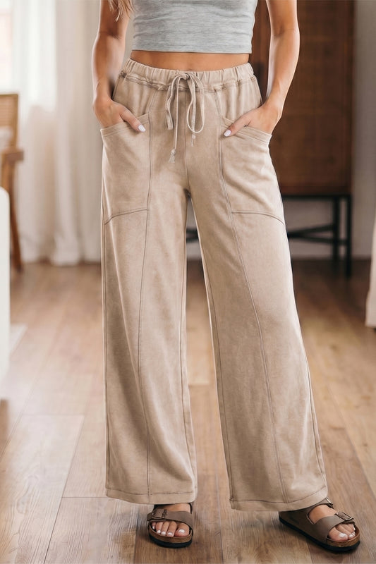 Smoke Gray Mineral Wash Drawstring Retro High Waist Wide Leg Western Pants-Bottoms/Pants & Culotte-[Adult]-[Female]-2022 Online Blue Zone Planet