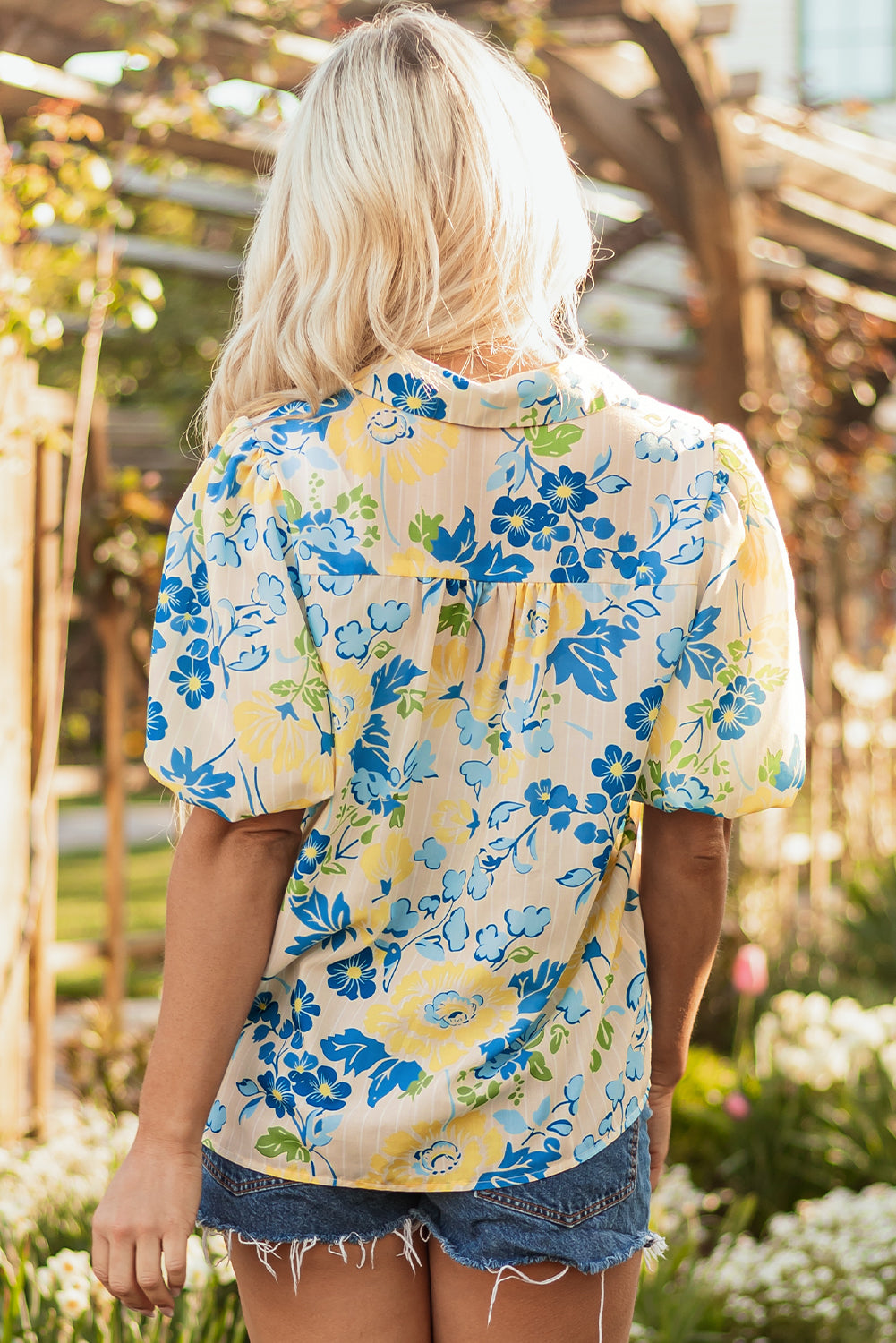 Blue Floral Striped Mixed Print Puff Short Sleeve Blouse-Tops/Blouses & Shirts-[Adult]-[Female]-2022 Online Blue Zone Planet