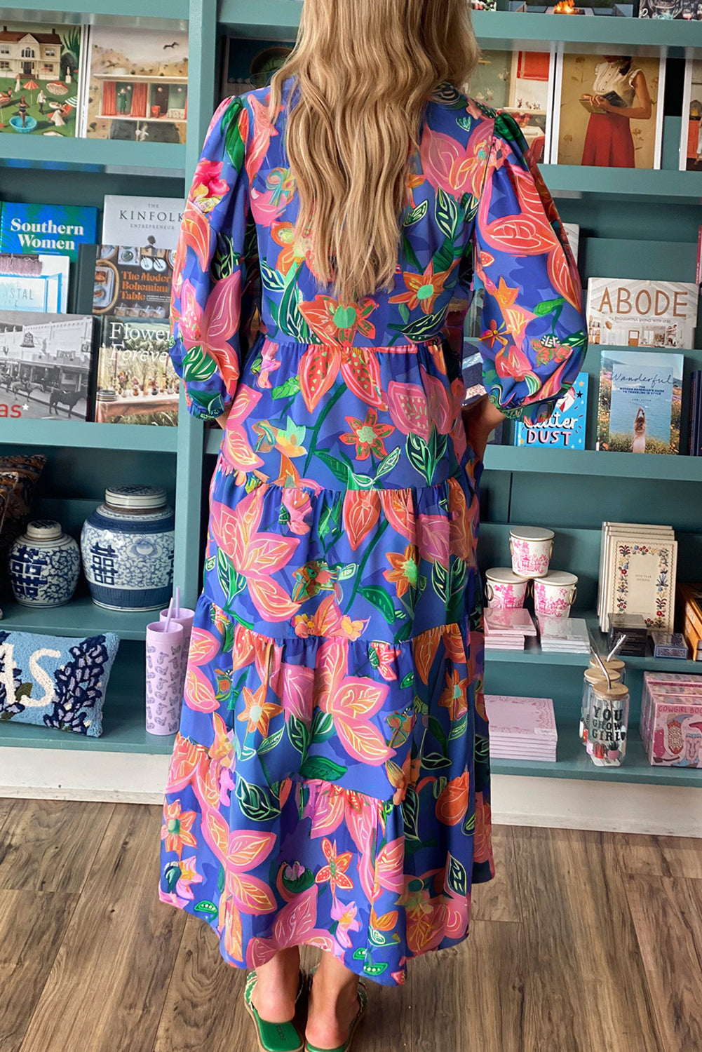Blue Floral Print 3/4 Sleeve V Neck Tiered Long Dress-Dresses/Floral Dresses-[Adult]-[Female]-2022 Online Blue Zone Planet