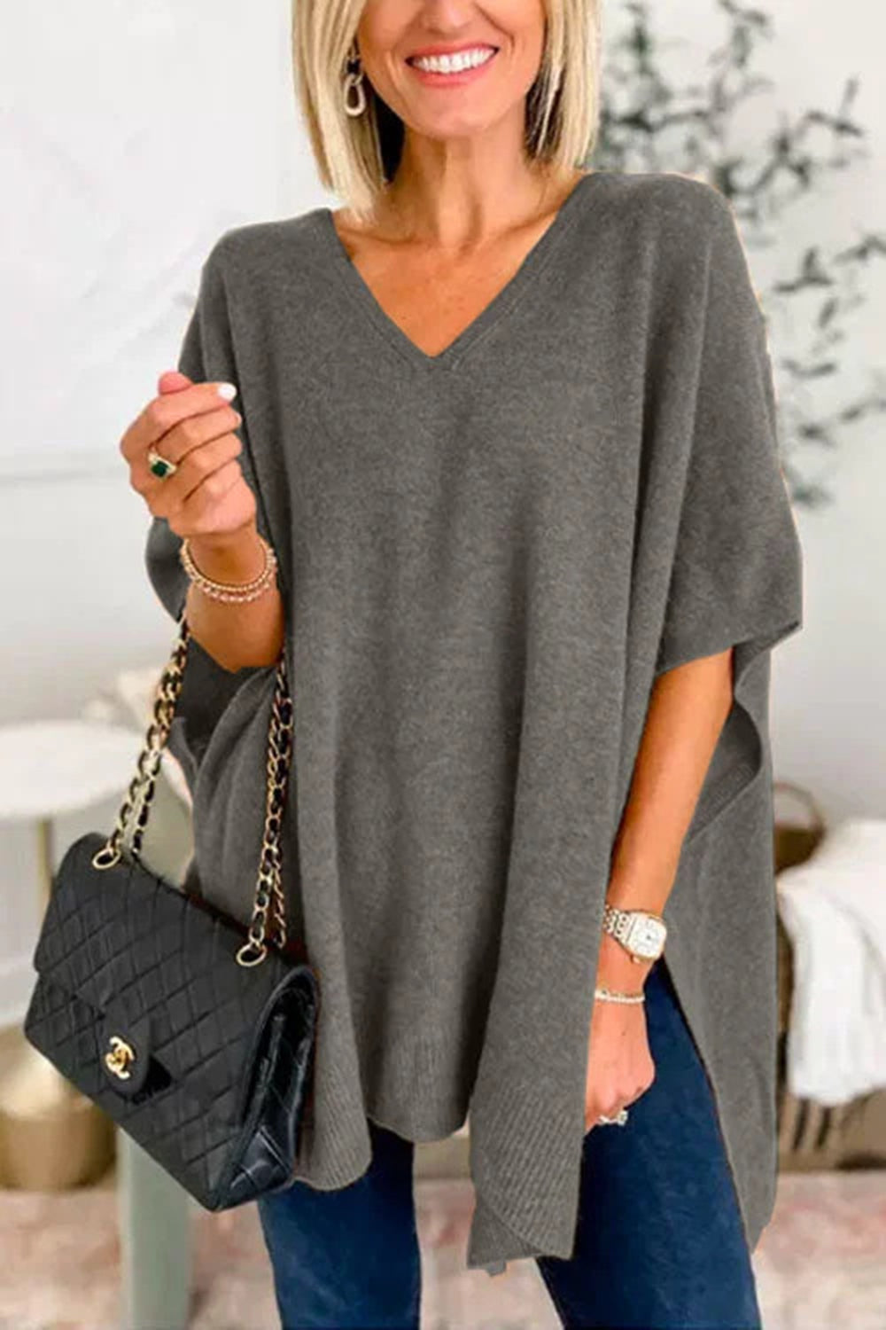 Slit V-Neck Half Sleeve Knit Top-TOPS / DRESSES-[Adult]-[Female]-Dark Gray-S-2022 Online Blue Zone Planet