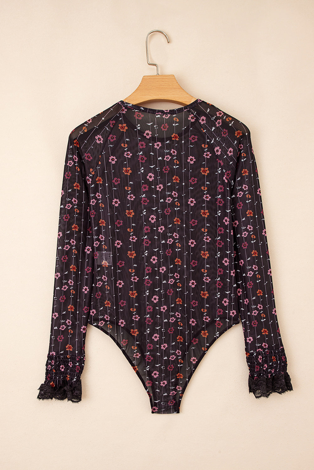 Black Floral Print Smocked Cuff Slim Fit Mesh Bodysuit-Bottoms/Jumpsuits & Rompers-[Adult]-[Female]-2022 Online Blue Zone Planet