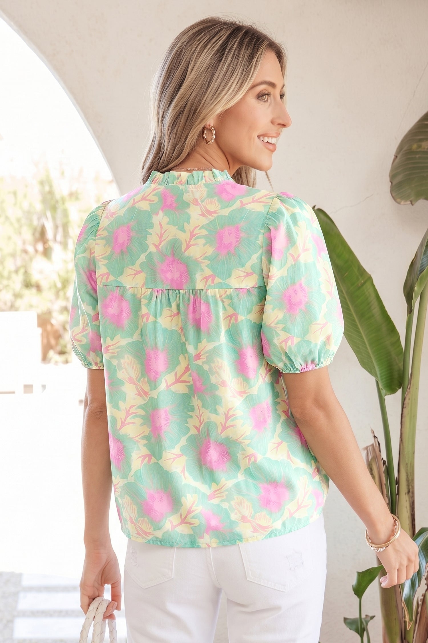 Yellow Short Bubble Sleeve Summer Floral Blouse-Tops/Blouses & Shirts-[Adult]-[Female]-2022 Online Blue Zone Planet