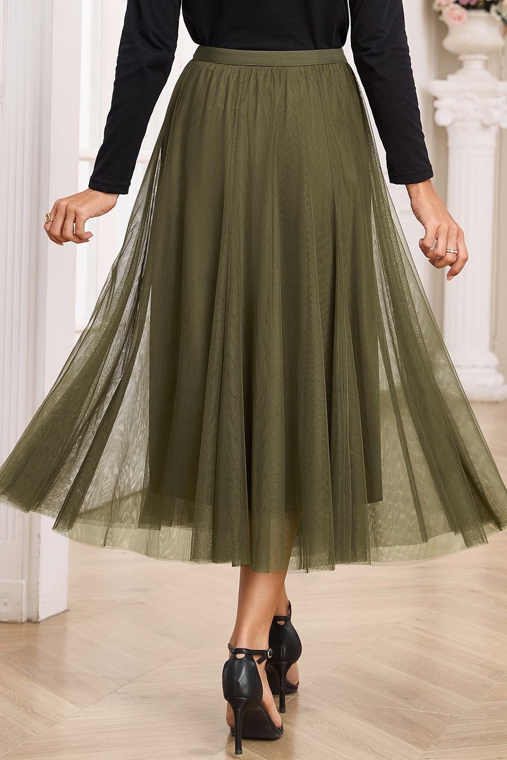 Jungle Green Tulle Mesh Overlay Flared Midi Skirt-Bottoms/Skirts & Petticoat-[Adult]-[Female]-2022 Online Blue Zone Planet