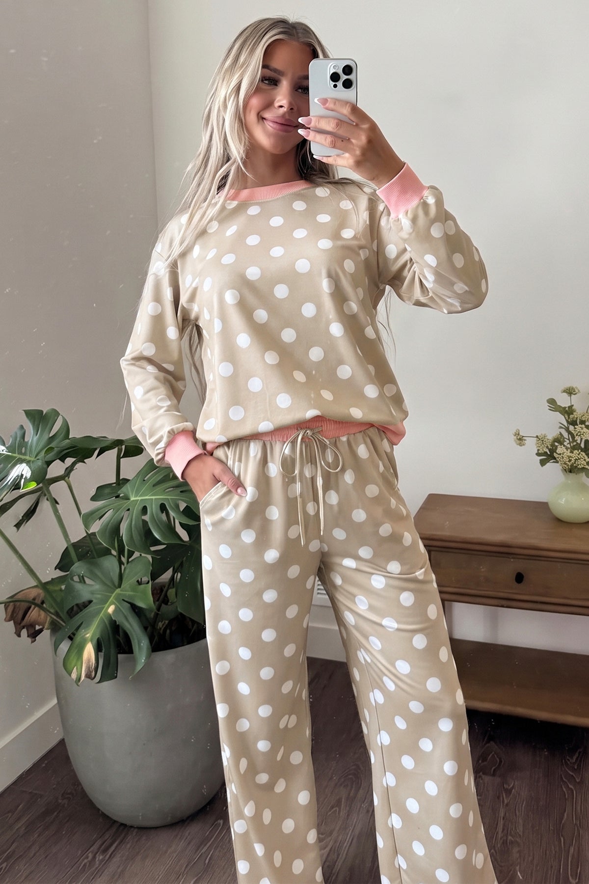 Khaki Polka Dot Contrast Trim Long Sleeve Top Drawstring Shift Pants Set-Two Piece Sets/Pant Sets-[Adult]-[Female]-2022 Online Blue Zone Planet