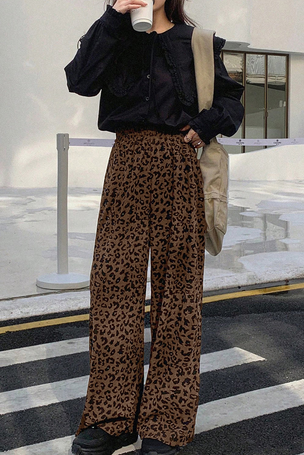 Dark Brown Leopard Print Elastic High Waist Loose Corduroy Pants-Bottoms/Pants & Culotte-[Adult]-[Female]-2022 Online Blue Zone Planet