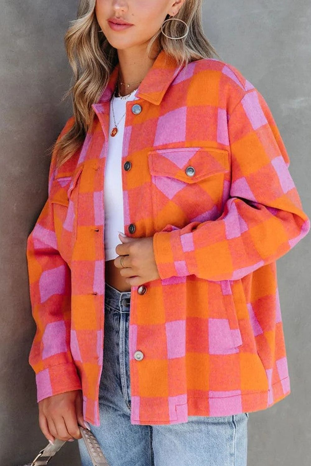 Plaid Collared Neck Button Up Jacket-TOPS / DRESSES-[Adult]-[Female]-Orange-S-2022 Online Blue Zone Planet