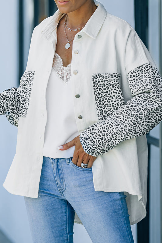 White Contrast Leopard Denim Jacket-Outerwear/Denim jackets-[Adult]-[Female]-White-S-2022 Online Blue Zone Planet