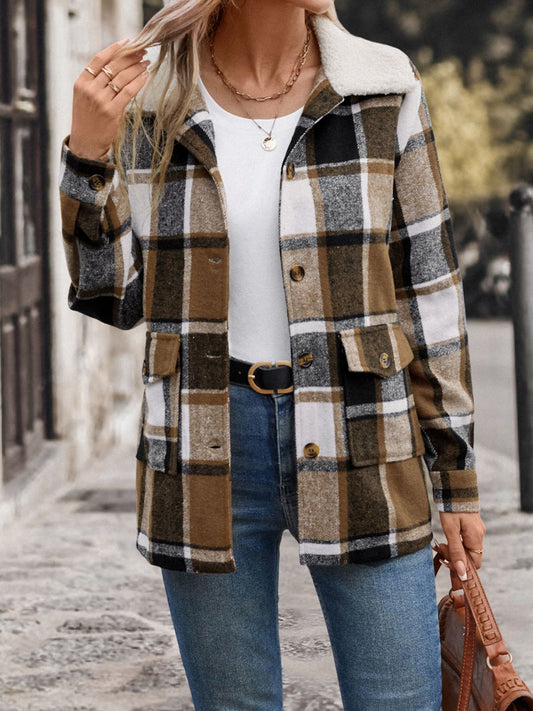 Perfee Pocketed Plaid Button Up Collared Neck Jacket-TOPS / DRESSES-[Adult]-[Female]-Camel-S-2022 Online Blue Zone Planet