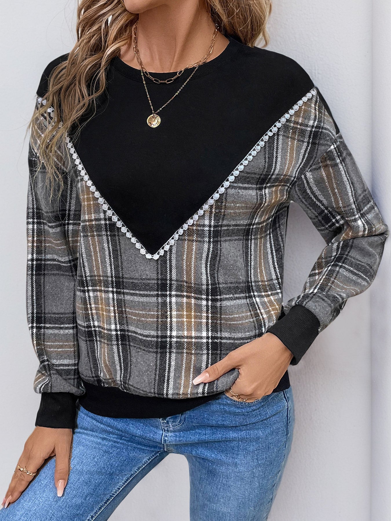 Perfee Plaid Round Neck Long Sleeve Sweatshirt-TOPS / DRESSES-[Adult]-[Female]-Black-S-2022 Online Blue Zone Planet