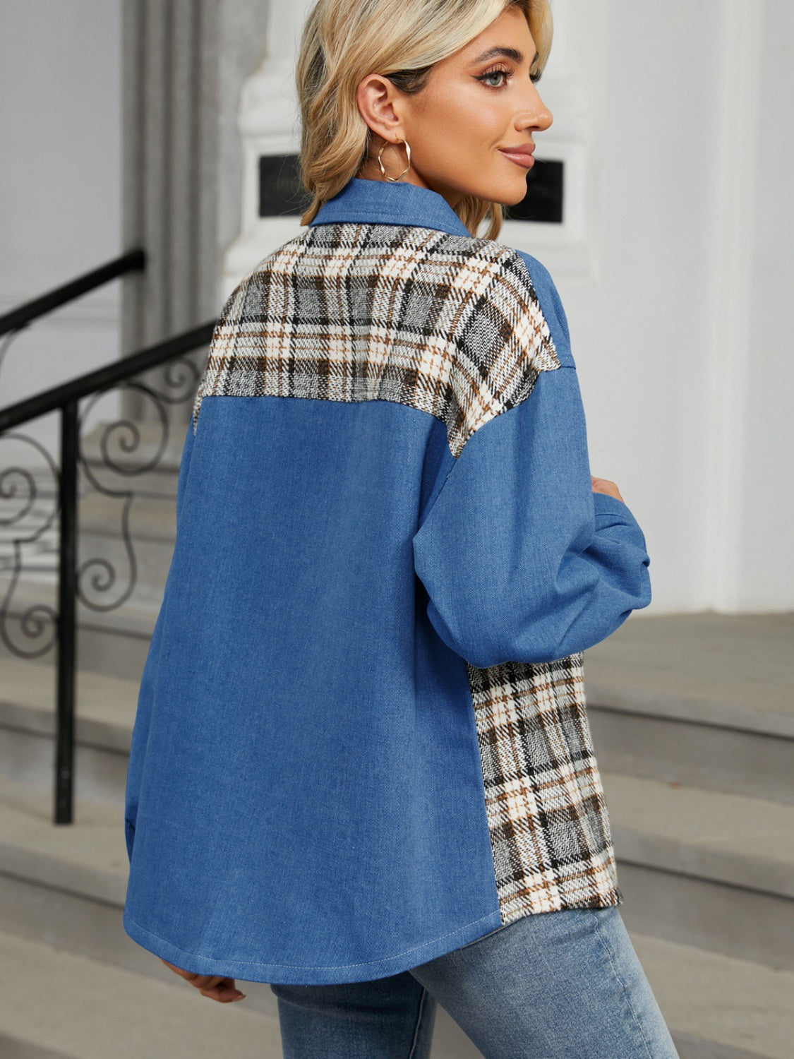 Plaid Button Up Long Sleeve Denim Jacket-TOPS / DRESSES-[Adult]-[Female]-2022 Online Blue Zone Planet