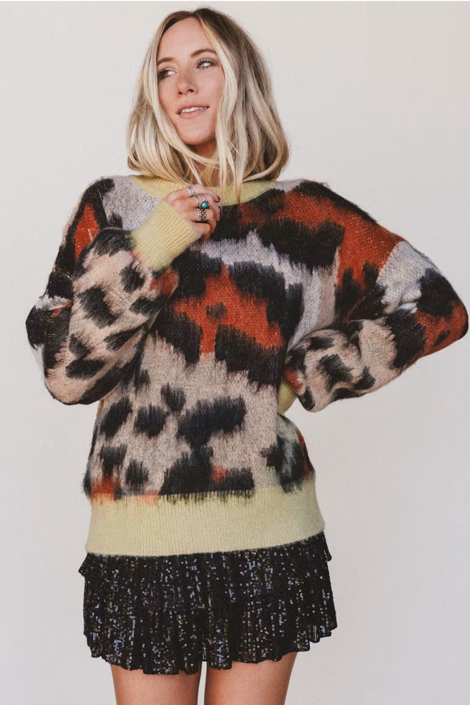 Khaki Leopard Print Drop Shoulder Long Sleeve Round Neck Sweater-Sweaters & Cardigans/Sweaters-[Adult]-[Female]-2022 Online Blue Zone Planet