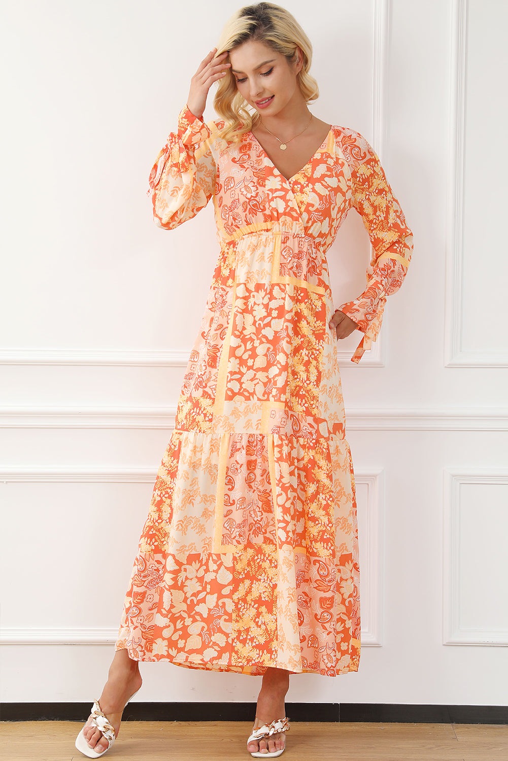 Blue Zone Planet | Orange Boho Floral Wrap V Neck Tie Long Sleeve Dress-TOPS / DRESSES-[Adult]-[Female]-2022 Online Blue Zone Planet