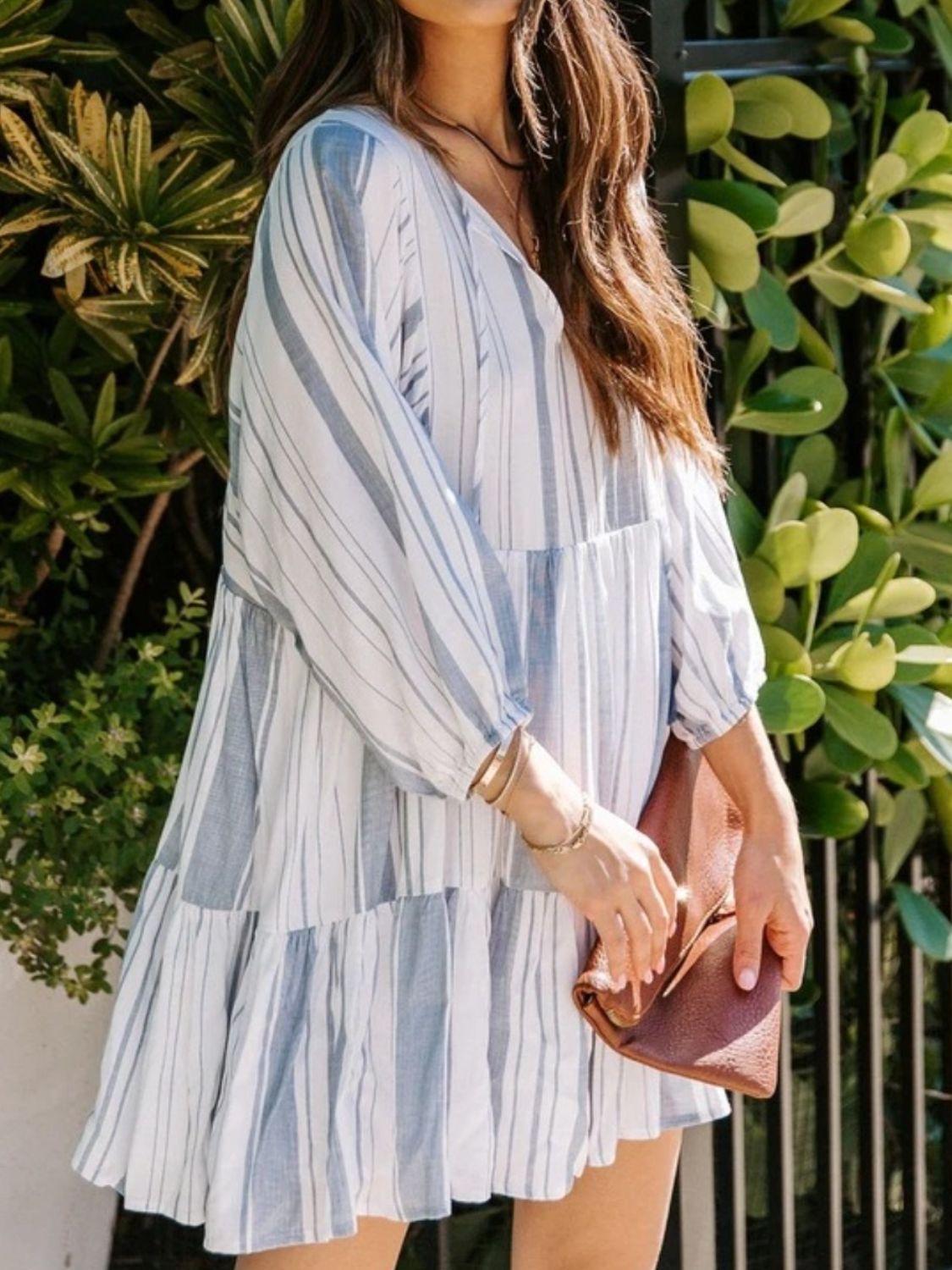 Blue Zone Planet | Tassel Striped Tie Neck Batwing Sleeve Dress-TOPS / DRESSES-[Adult]-[Female]-2022 Online Blue Zone Planet