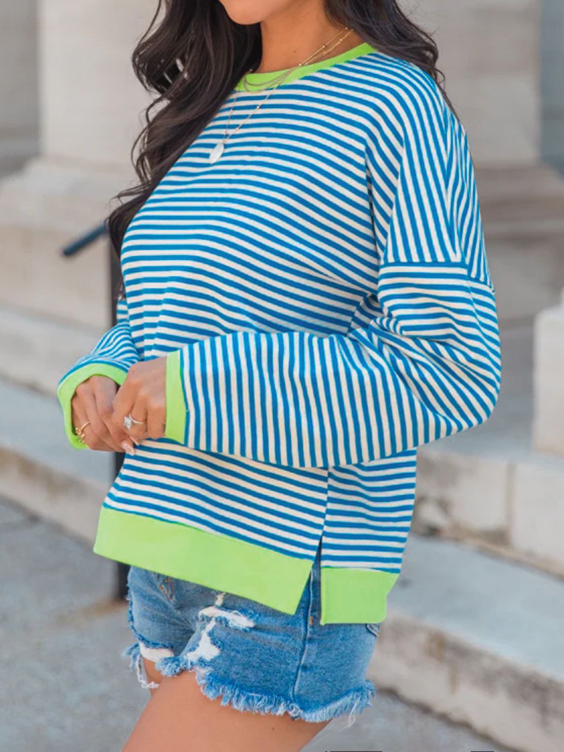 Perfee Striped Round Neck Long Sleeve Sweatshirt-TOPS / DRESSES-[Adult]-[Female]-2022 Online Blue Zone Planet