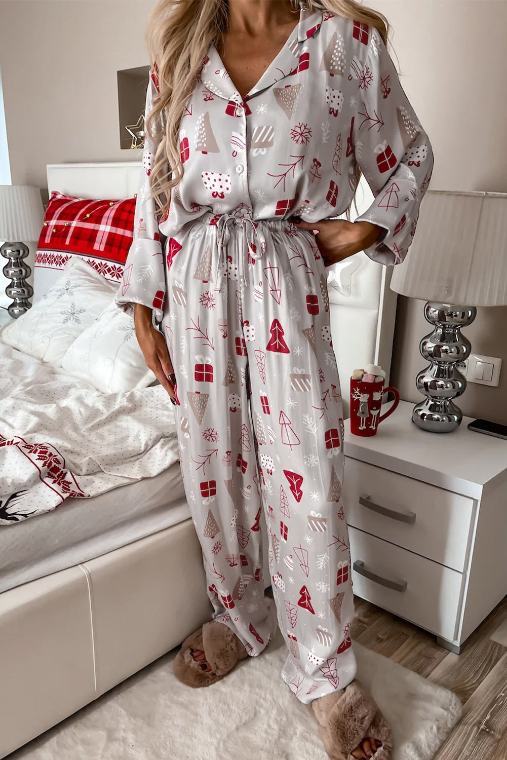 Blue Zone Planet | Light Grey Christmas Printed Shirt and Pants Pajama Set-Loungewear & Sleepwear/Sleepwear-[Adult]-[Female]-Light Grey-S-2022 Online Blue Zone Planet