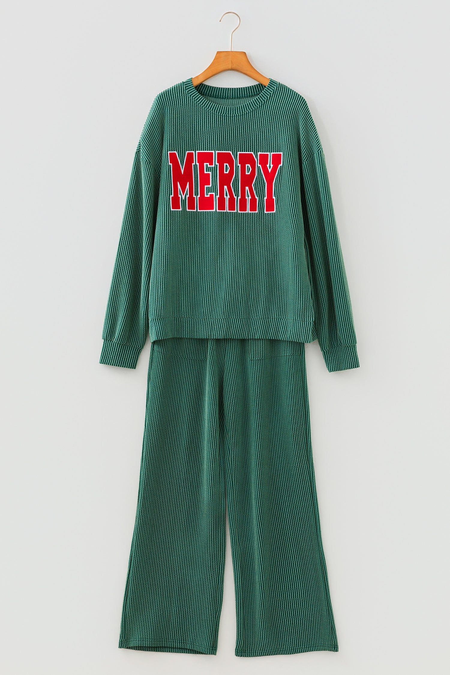 Dark Green MERRY Corded Long Sleeve Top and Pockets Pants Set-Two Piece Sets/Pant Sets-[Adult]-[Female]-2022 Online Blue Zone Planet