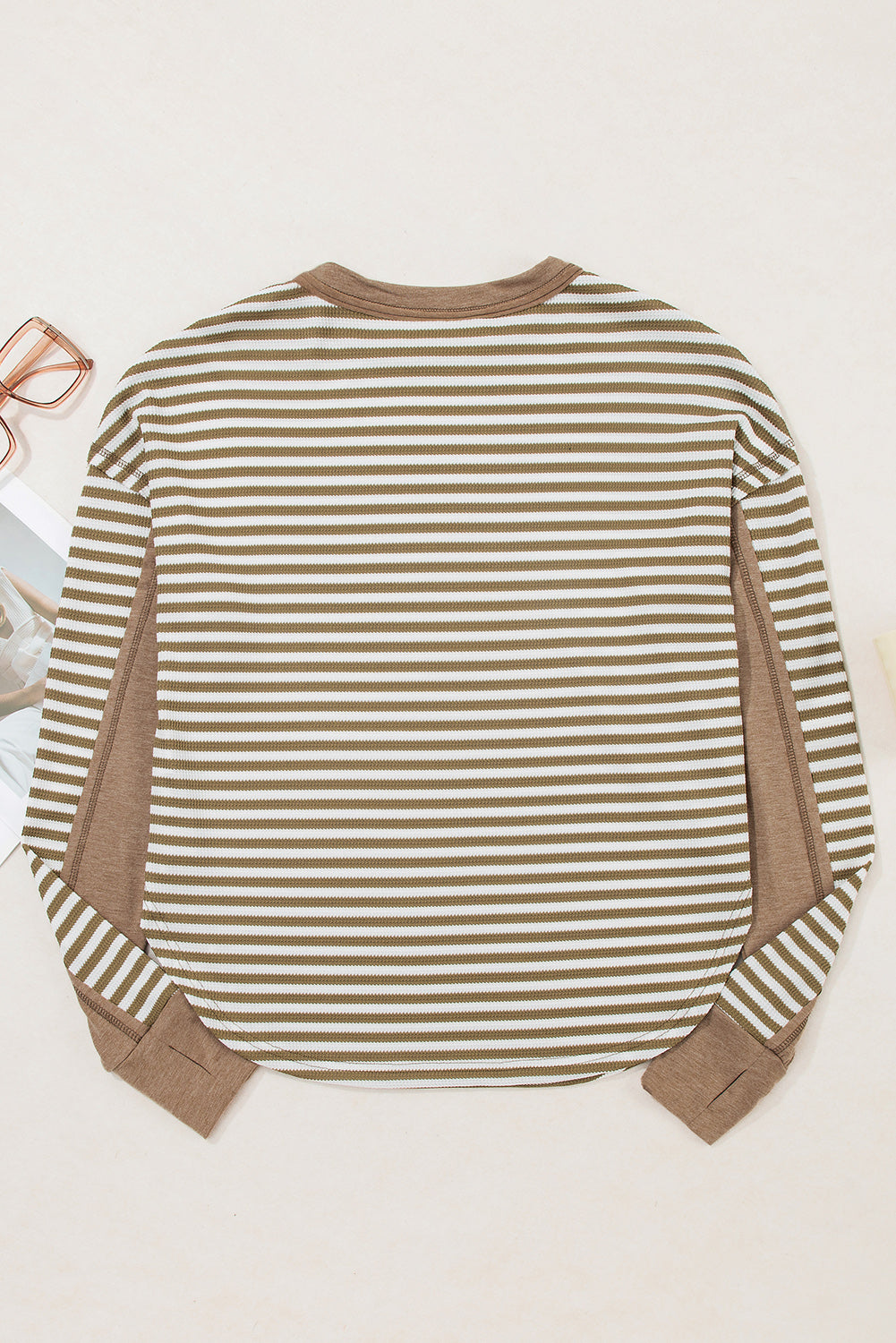 Khaki Stripe Thermal Knit Drop Shoulder Casual Top-Tops/Long Sleeve Tops-[Adult]-[Female]-2022 Online Blue Zone Planet