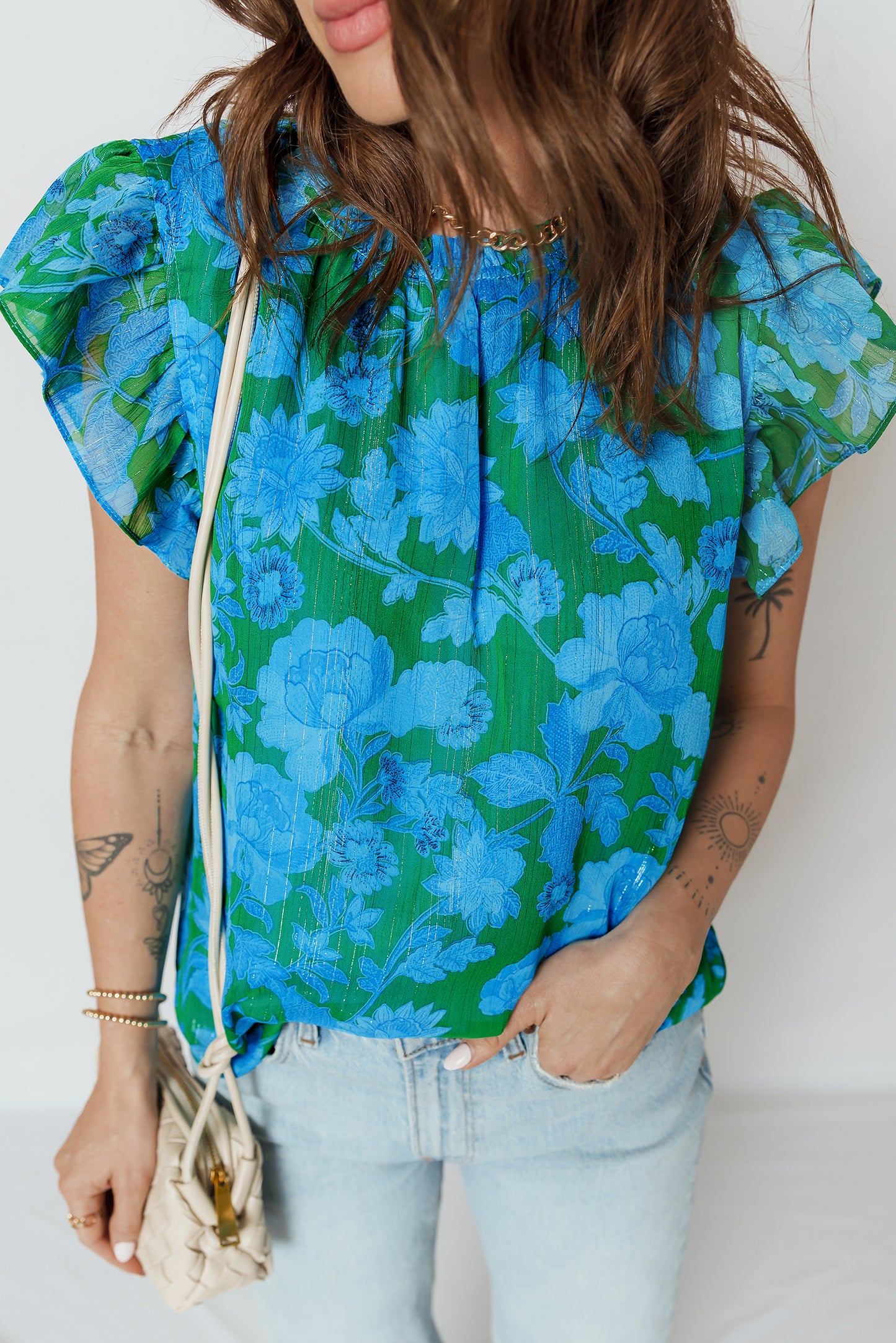 Green Floral Print Ruffled Sleeve Summer Blouse-Tops/Blouses & Shirts-[Adult]-[Female]-2022 Online Blue Zone Planet